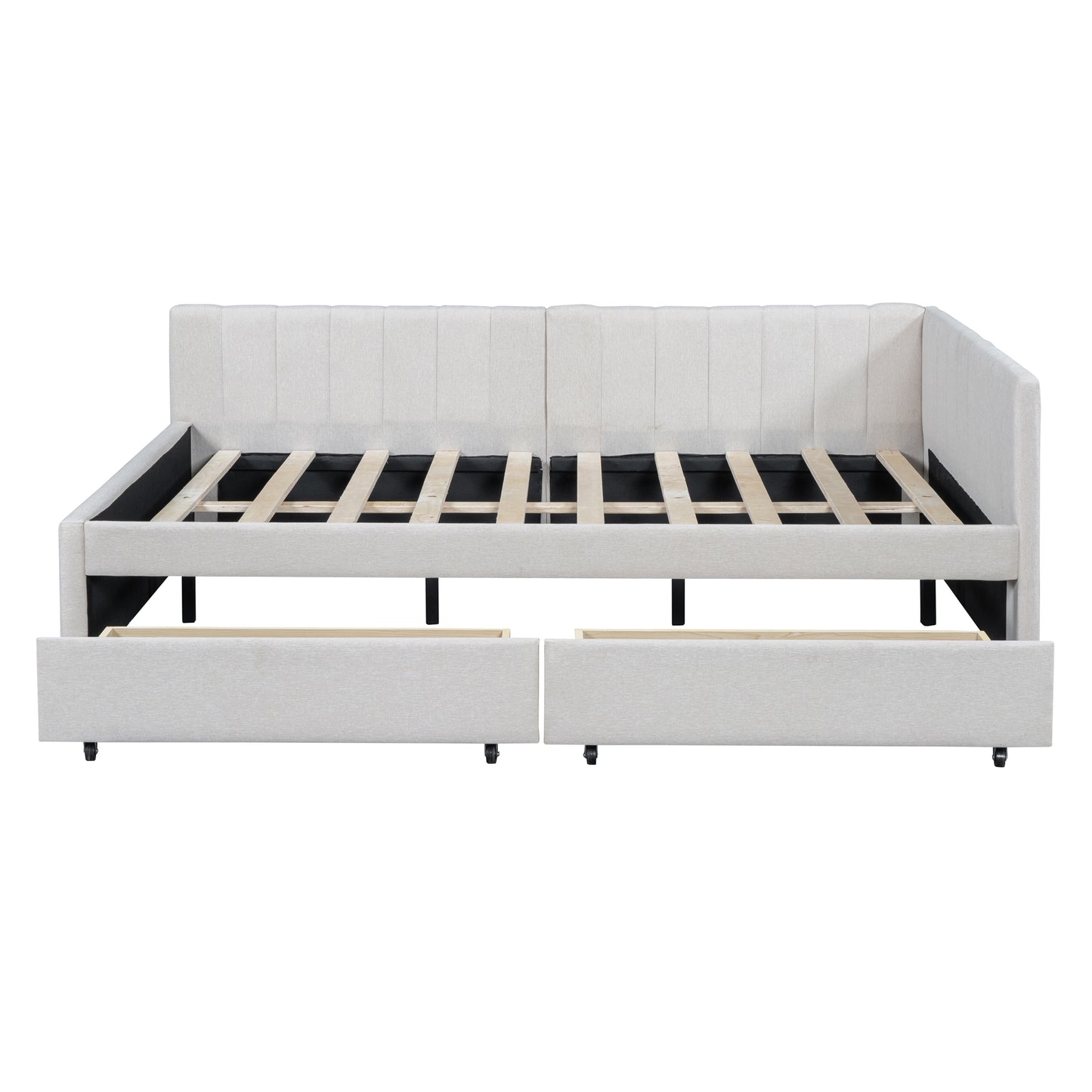 Light grey upholstered daybed frame with builtin drawers for storage
