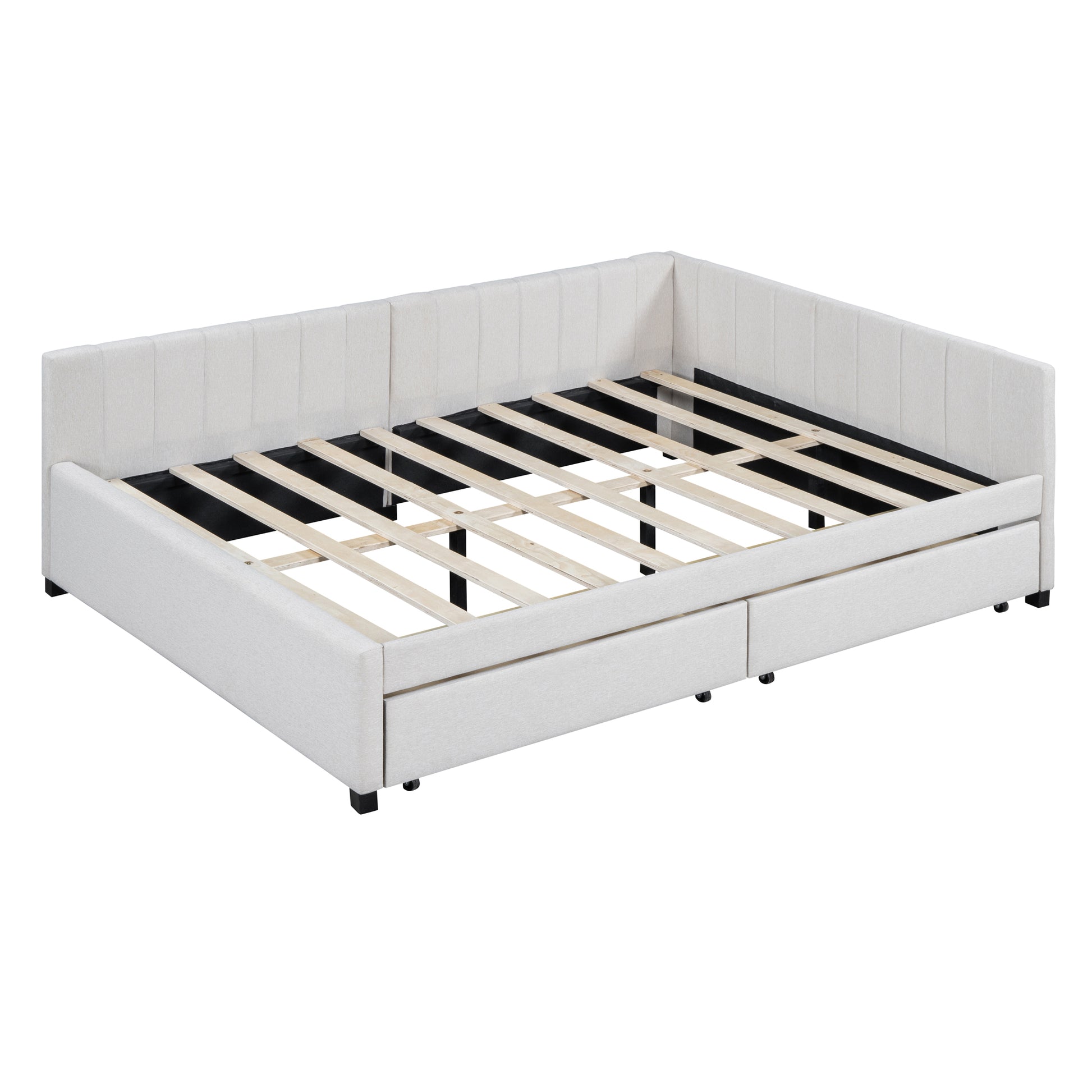 Cream upholstered daybed with storage drawers and slatted frame
