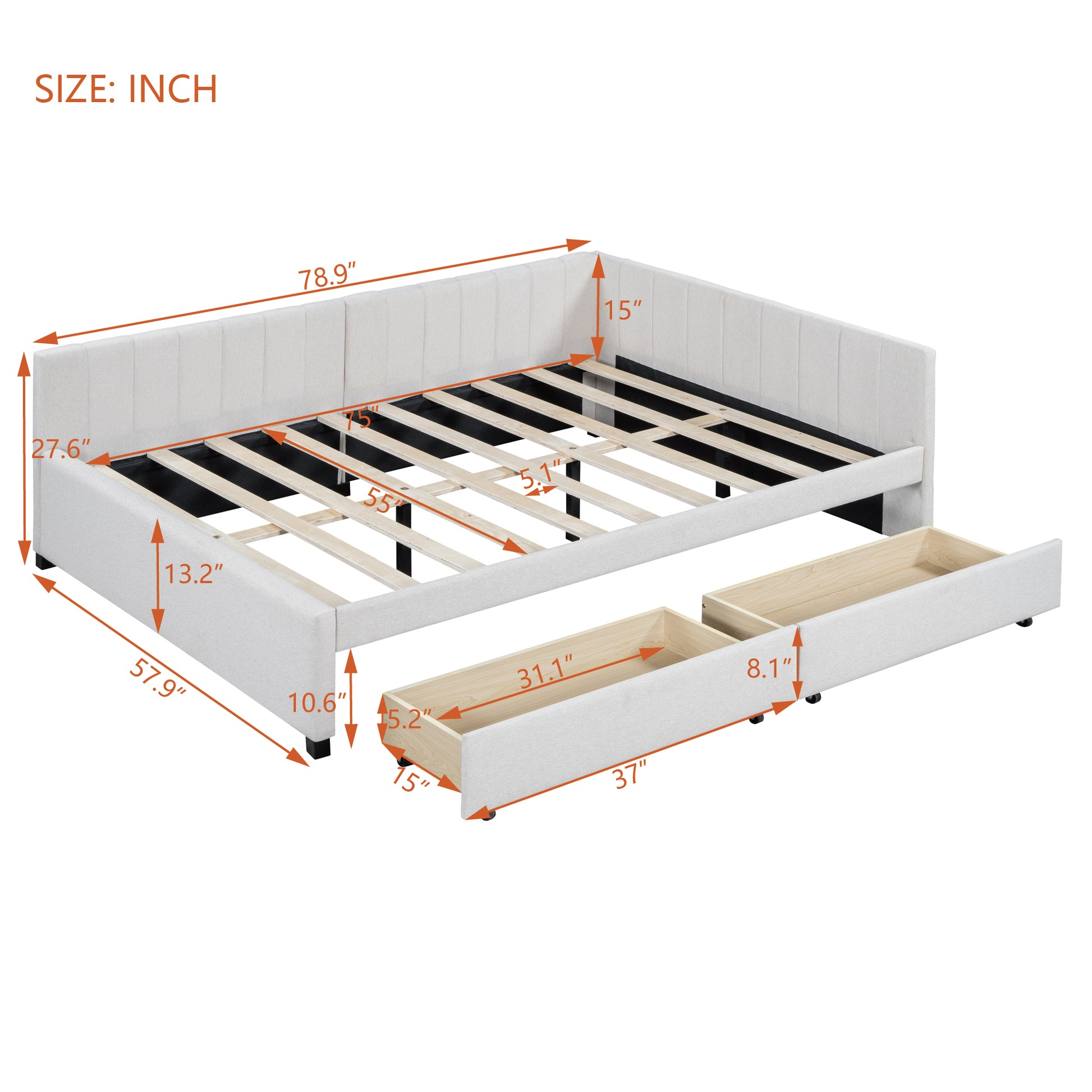 Light beige upholstered daybed with dimensions featuring a channeled headboard and two drawers