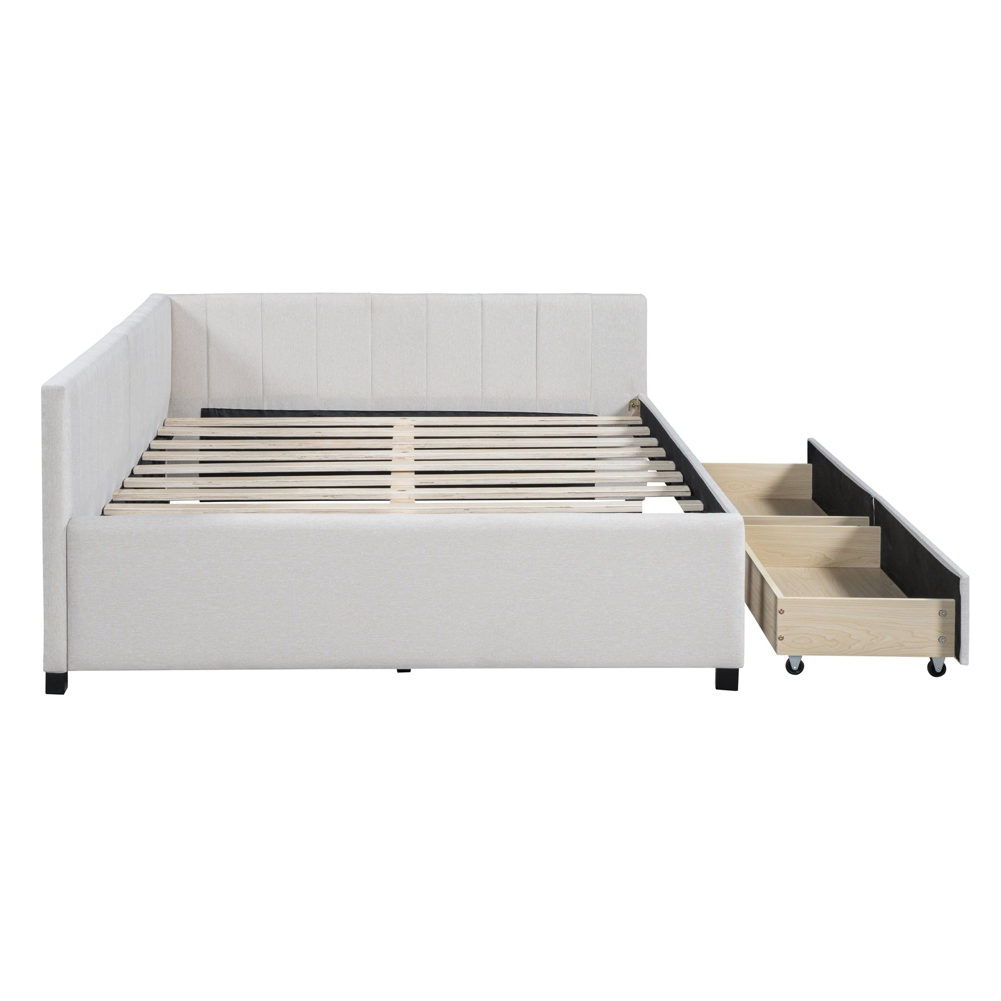 Cream upholstered bed frame with builtin storage drawers