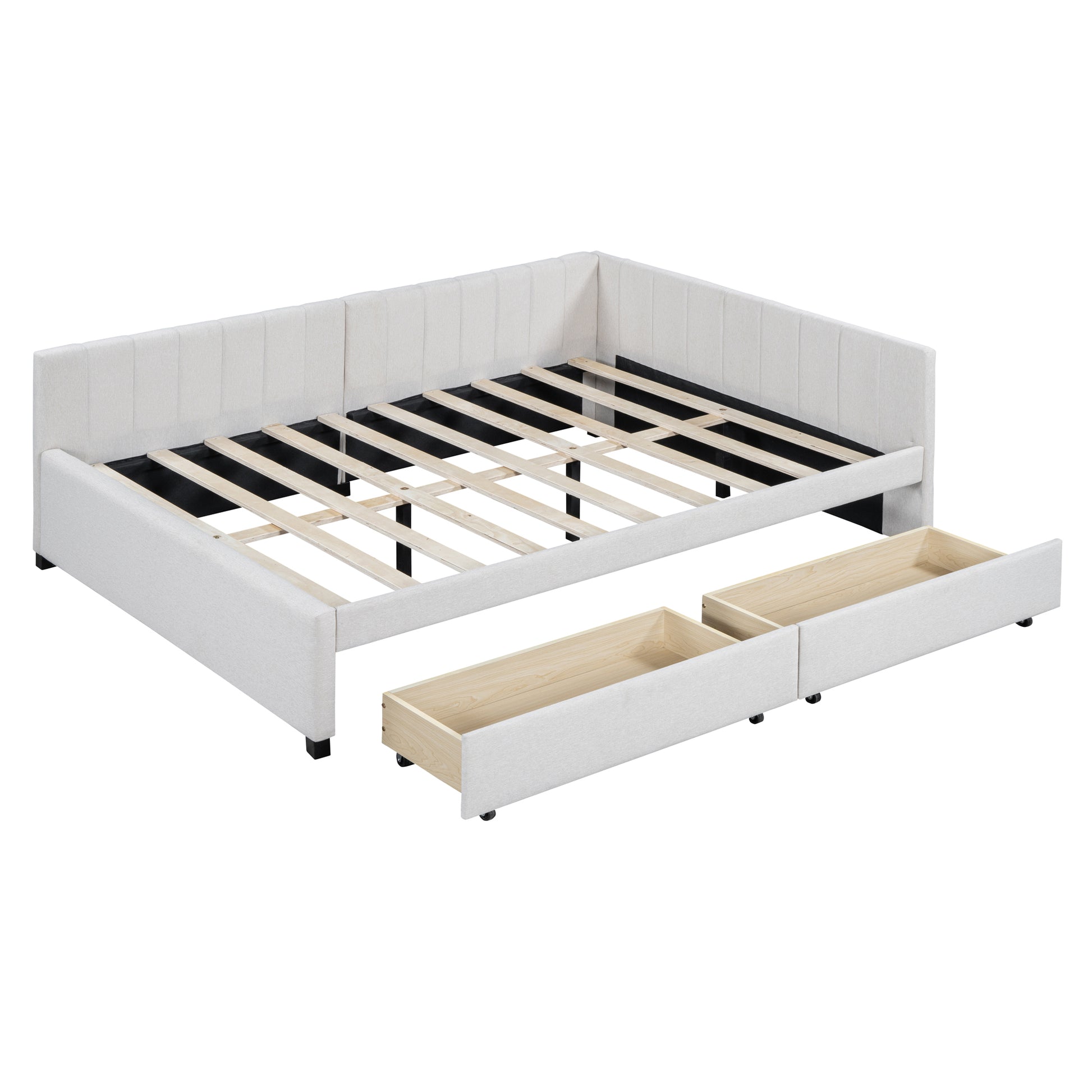 Cream upholstered daybed with two pullout storage drawers and wooden slats