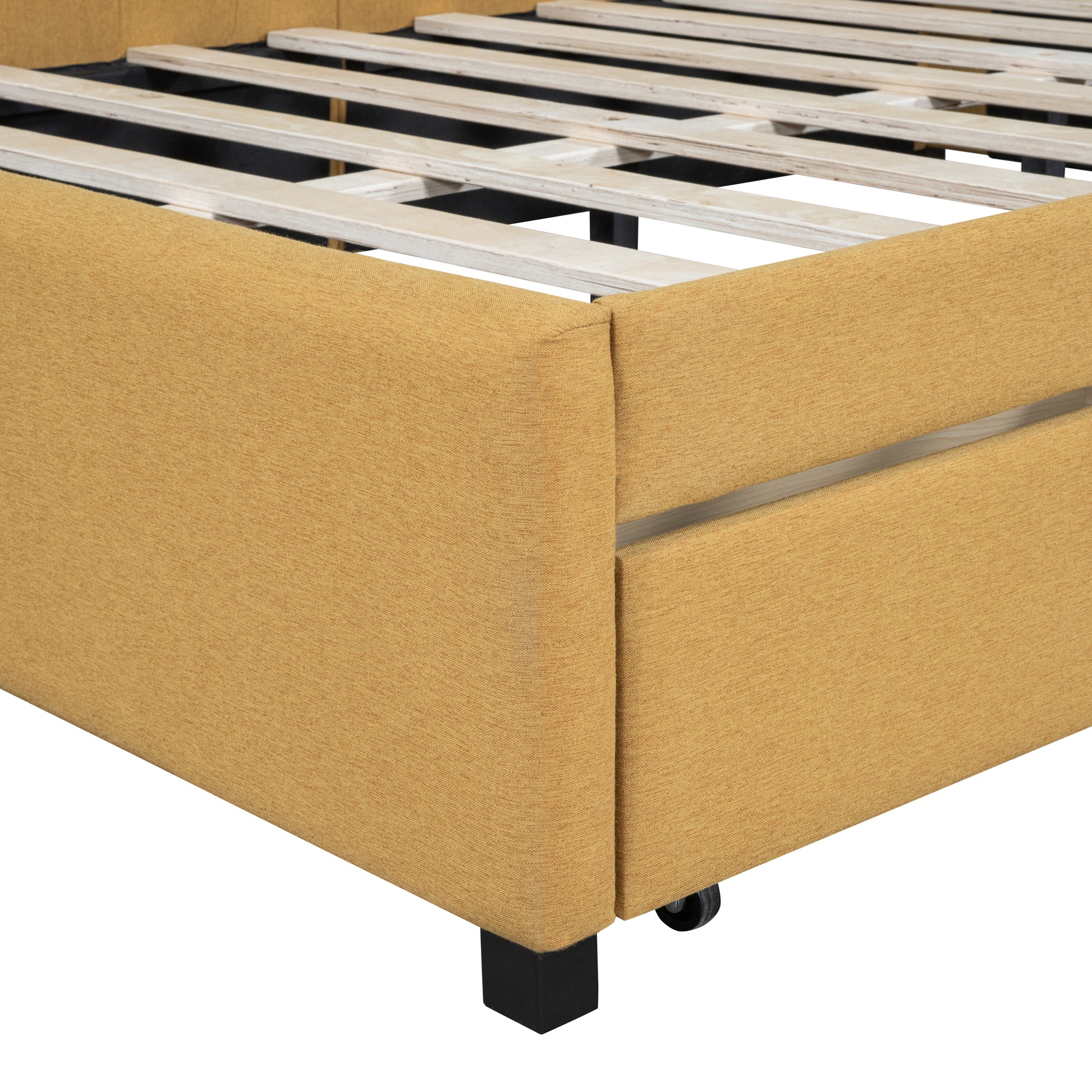 Yellow upholstered bed frame with wooden slats and black legs