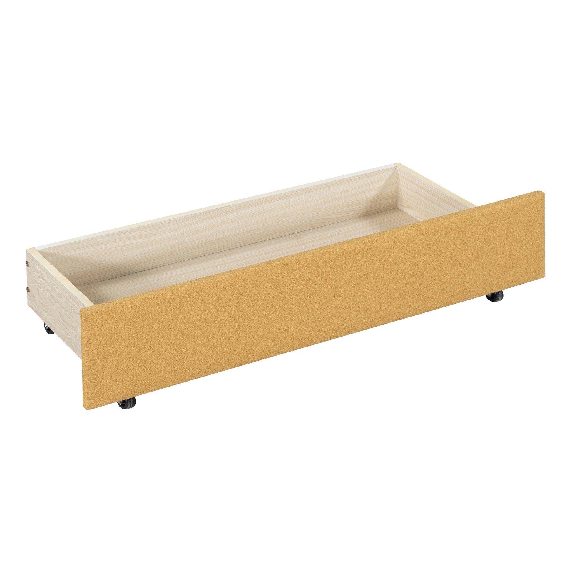 Yellow fabric drawer with wooden interior on black wheels