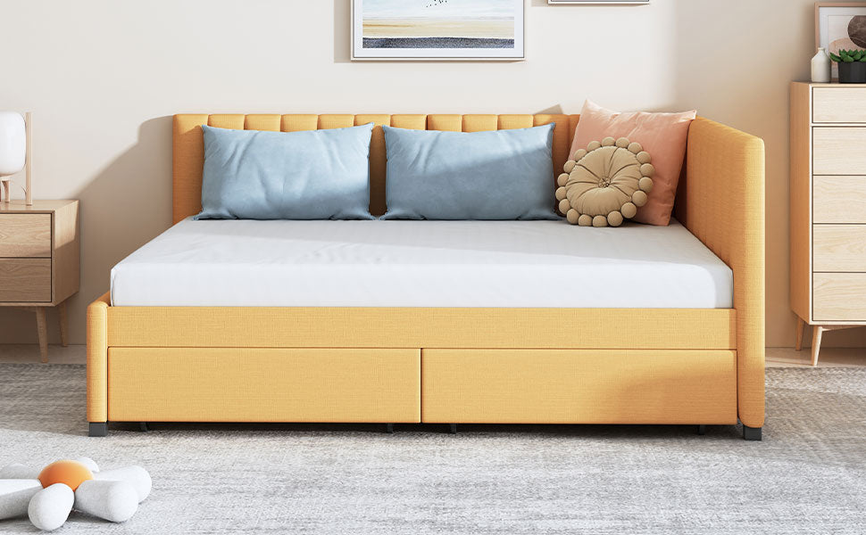 Orange upholstered daybed with tufted headboard and two drawers for storage