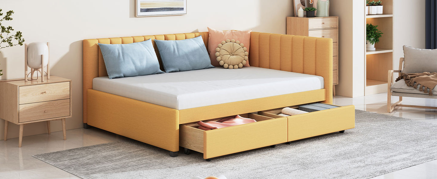 Yellow upholstered daybed with two drawers and light blue pillows