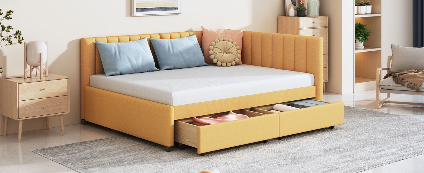 Yellow upholstered daybed with two drawers and light blue pillows
