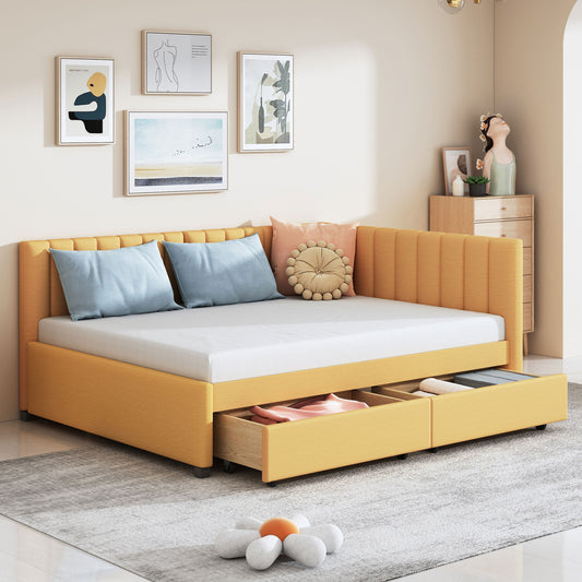 Yellow upholstered daybed with two drawers and blue pillows