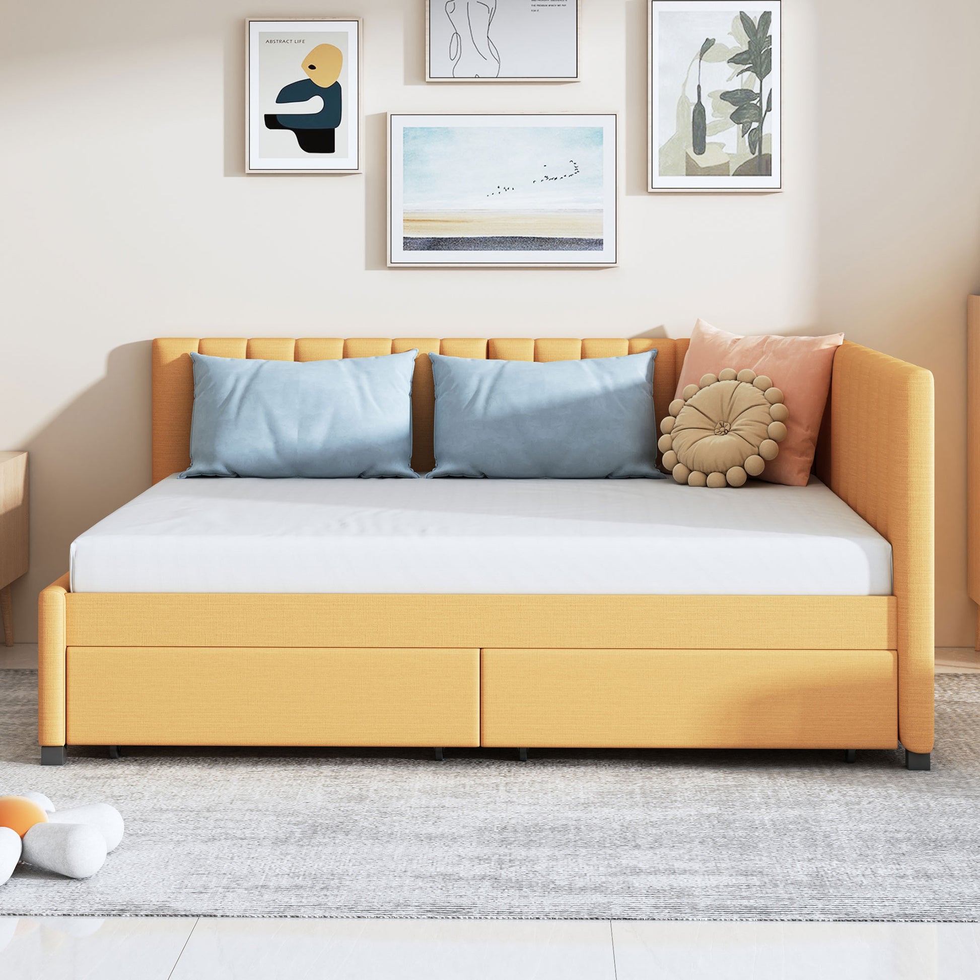 Orange fabric daybed with pullout drawers and light blue pillows
