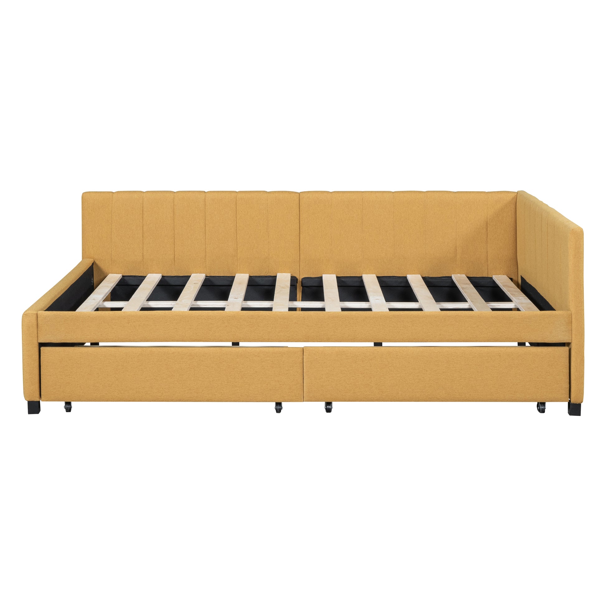 Yellow upholstered daybed with pullout trundle and wood slats for mattress support
