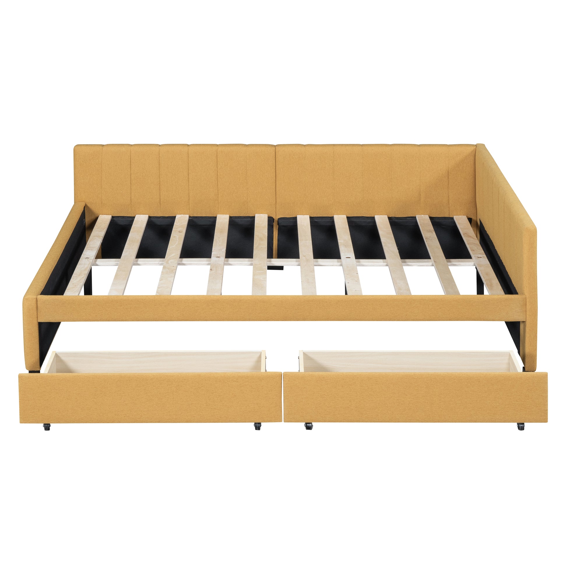 Yellow upholstered daybed with two storage drawers exposed
