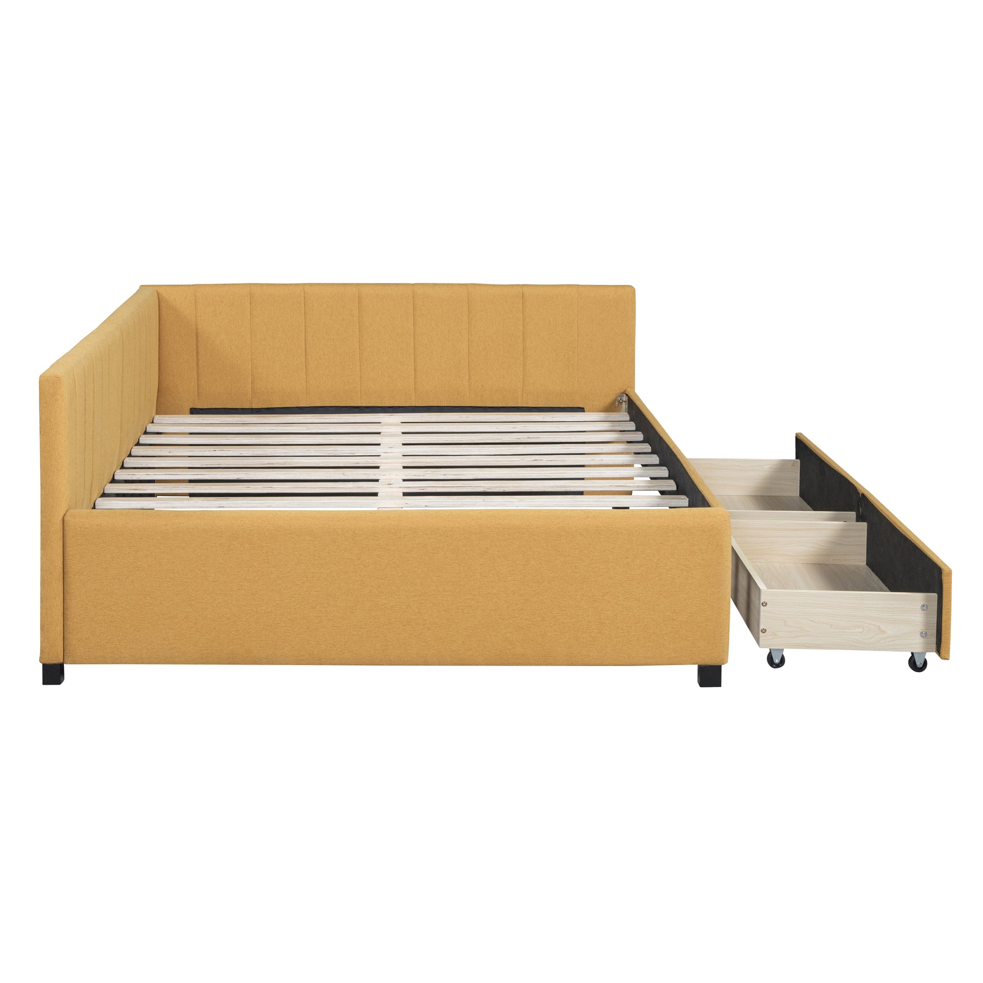 Yellow fabric upholstered bed frame with open storage drawers and slatted base