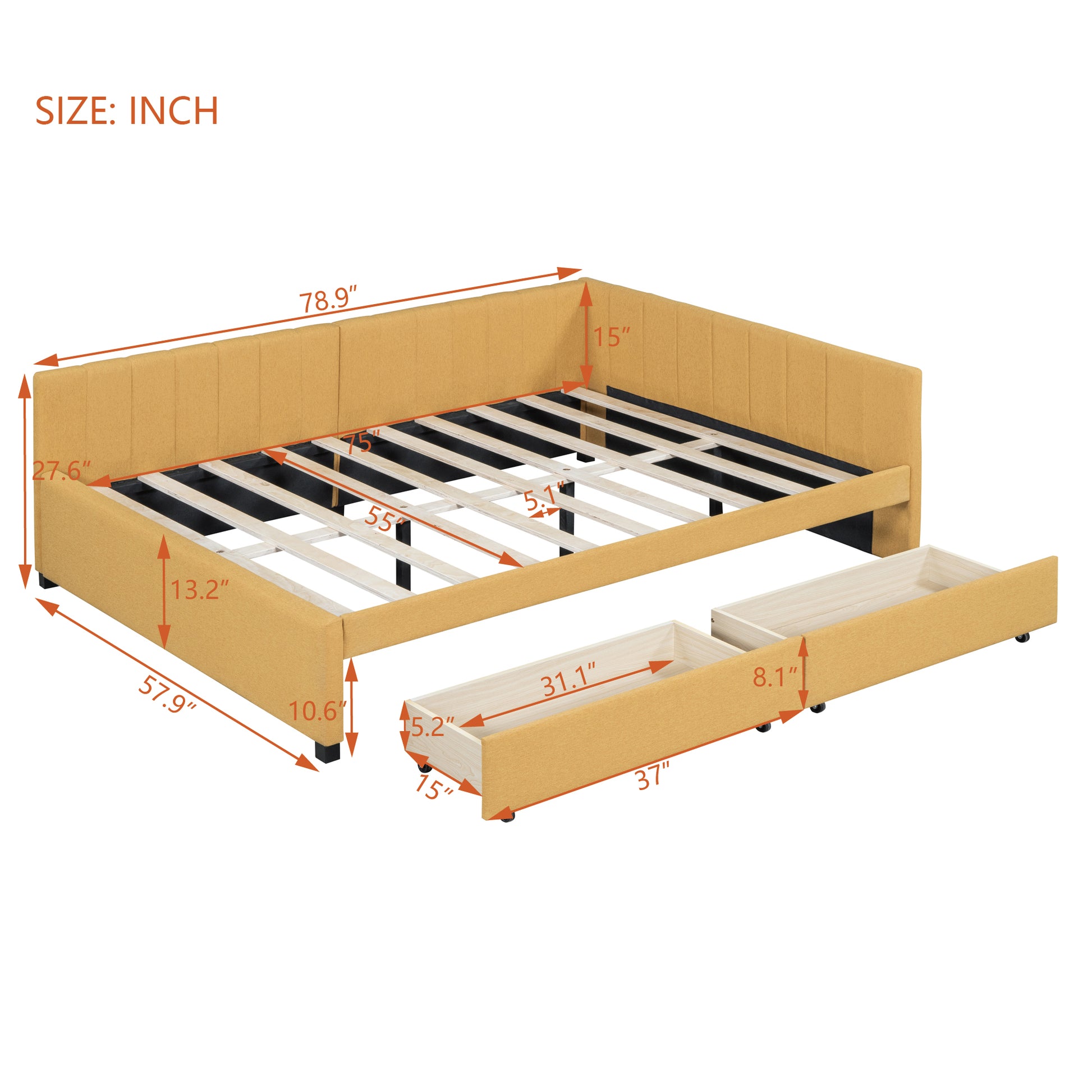 Yellow fabric daybed with storage drawers and slat support