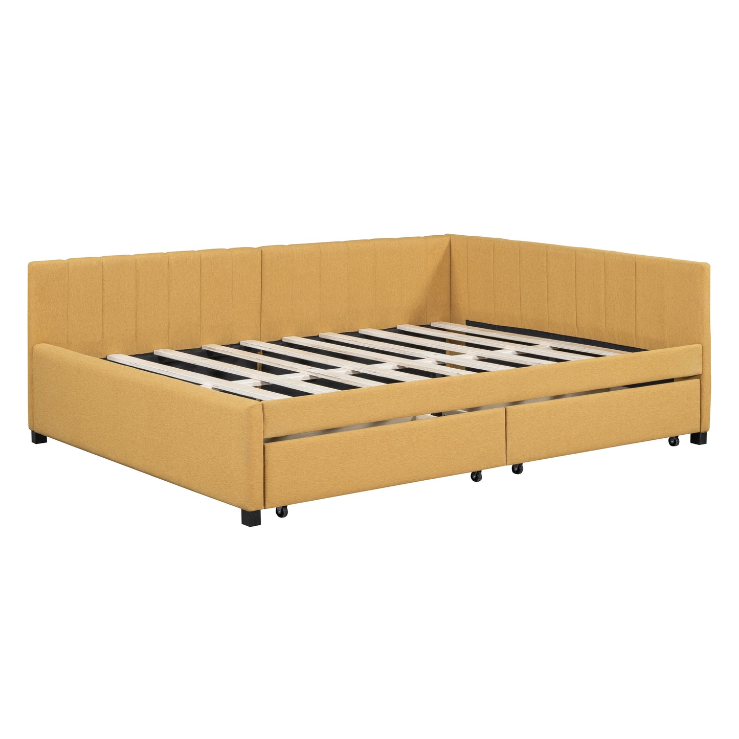 Yellow upholstered daybed with integrated storage drawers and slat support system