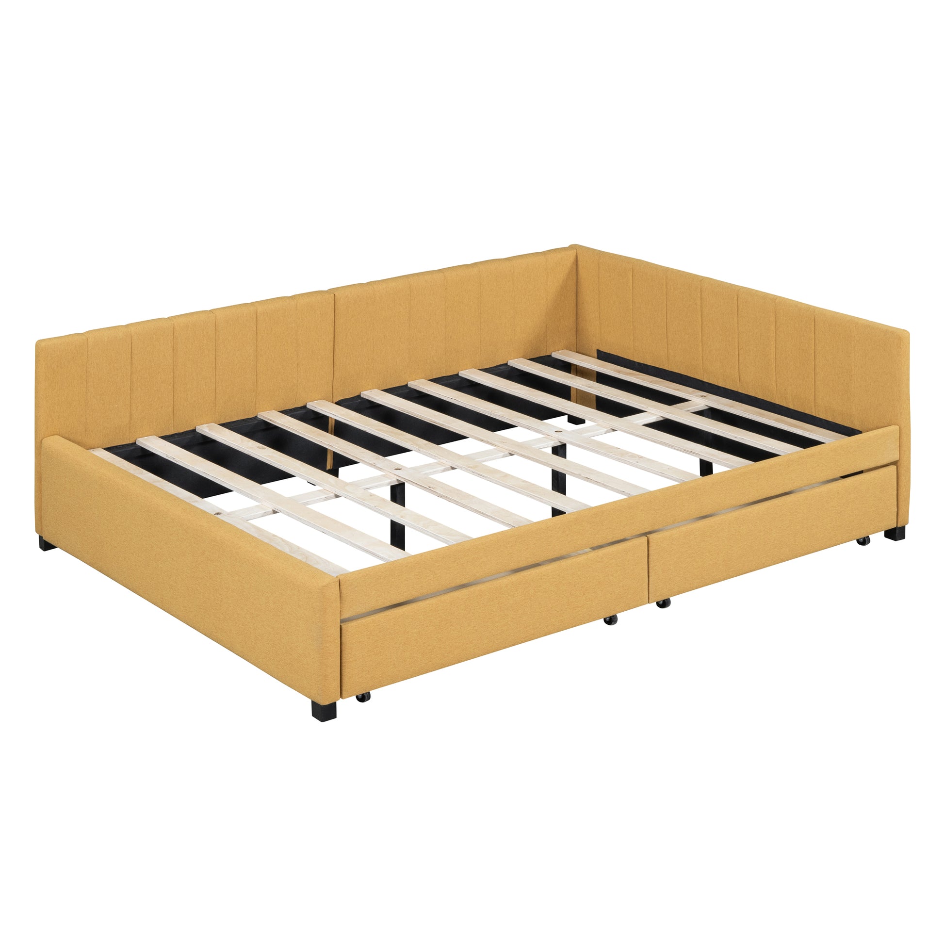Yellow upholstered daybed with storage drawers and slatted frame