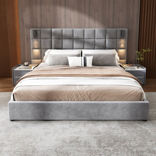 Grey velvet upholstered bed with padded headboard and bedside tables