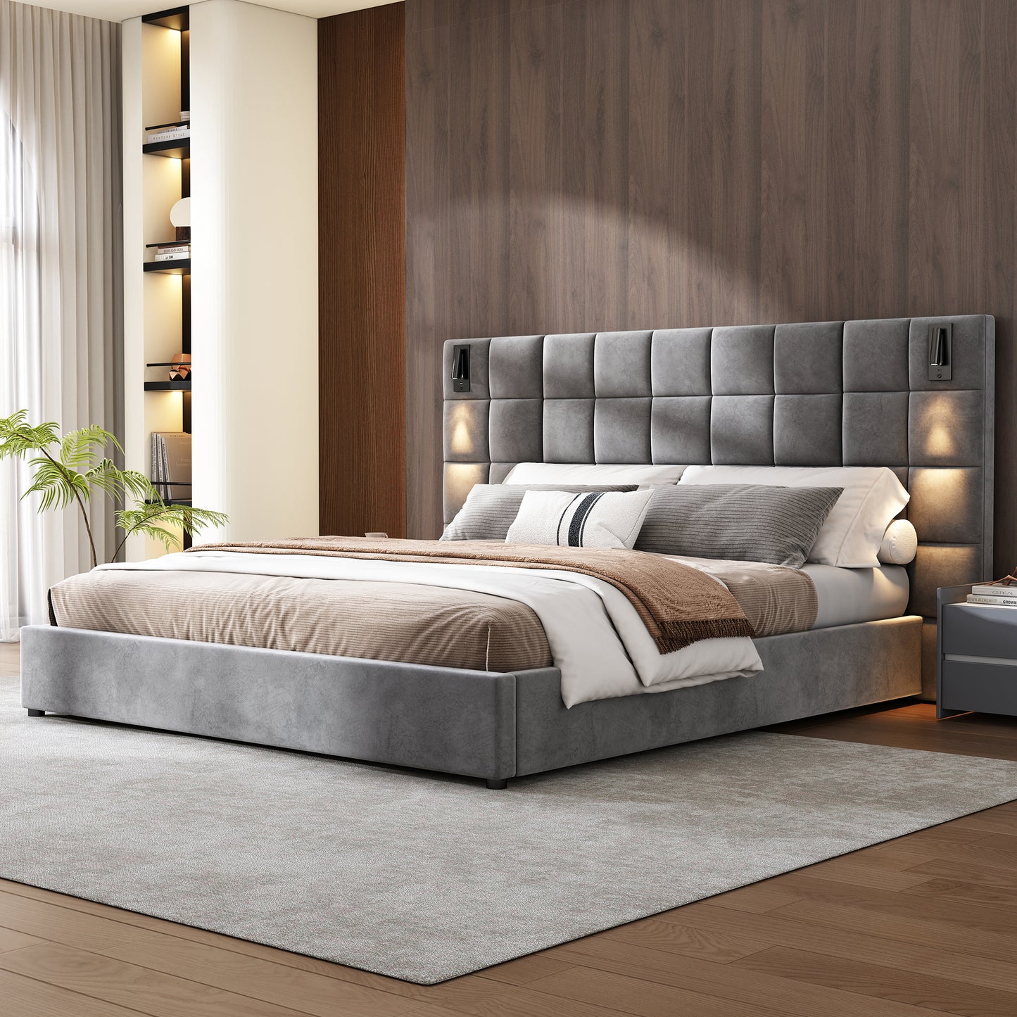 Modern grey velvet upholstered platform bed with tufted headboard and integrated lighting