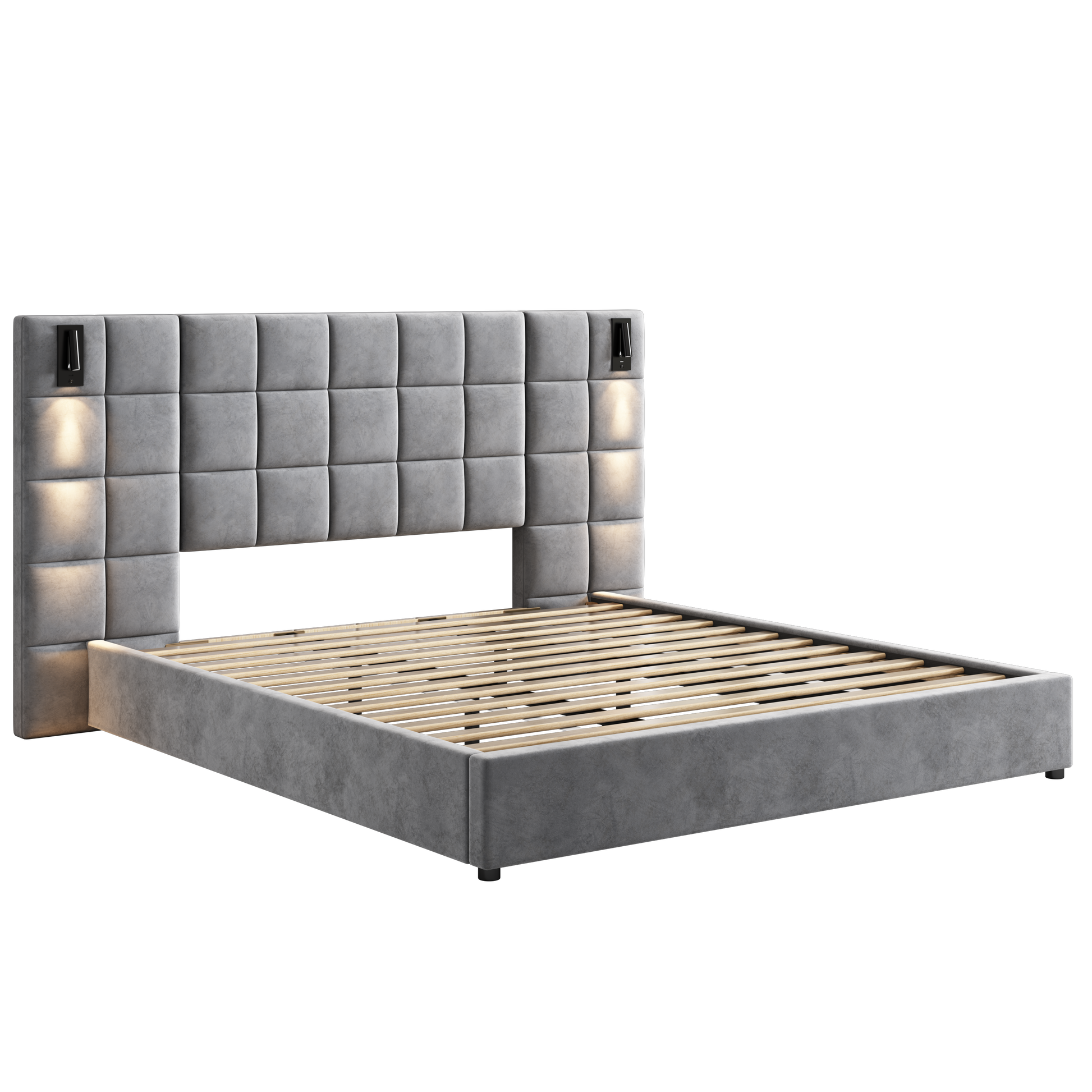 Modern grey upholstered platform bed frame with integrated headboard lights