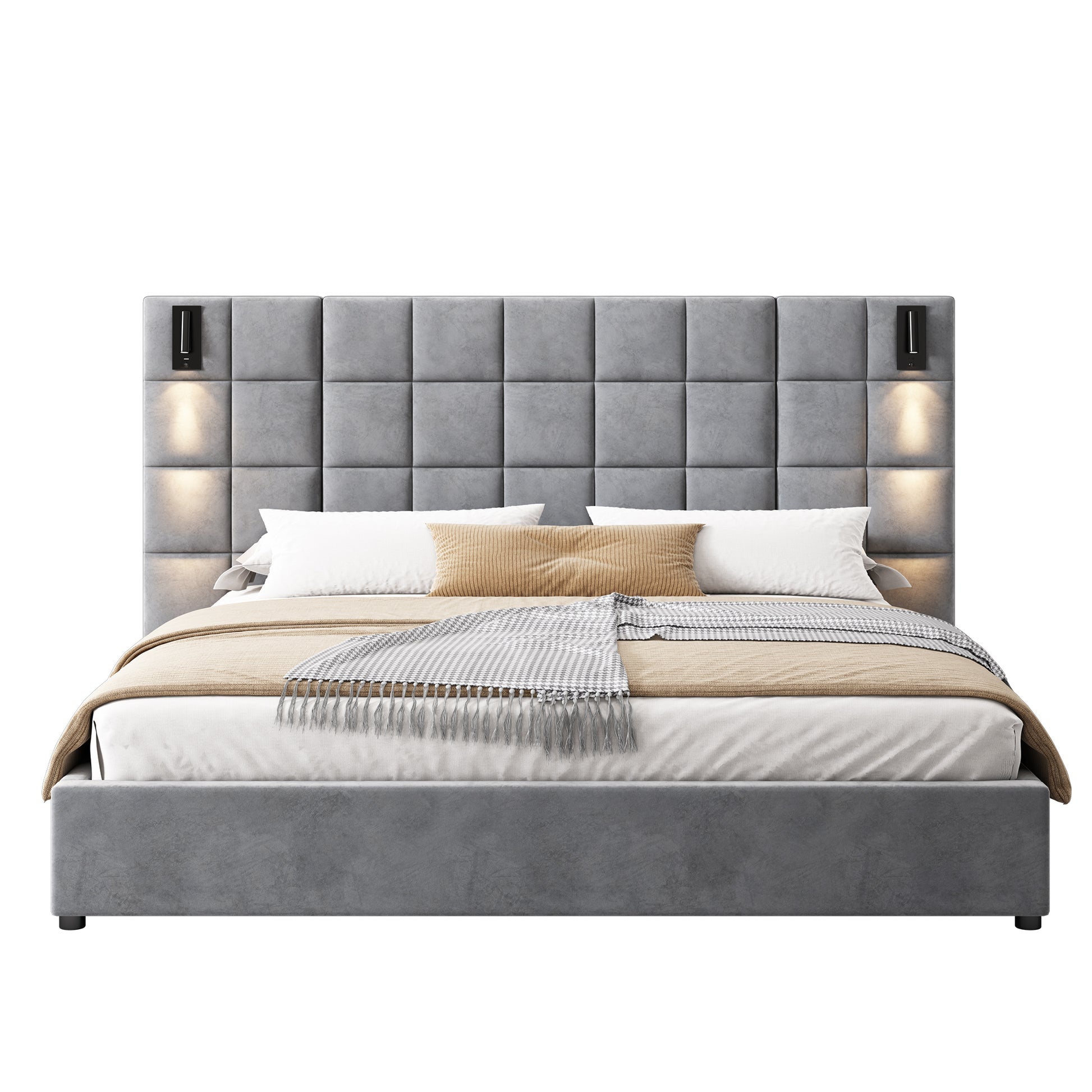 Gray upholstered platform bed with square tufted headboard and builtin lights