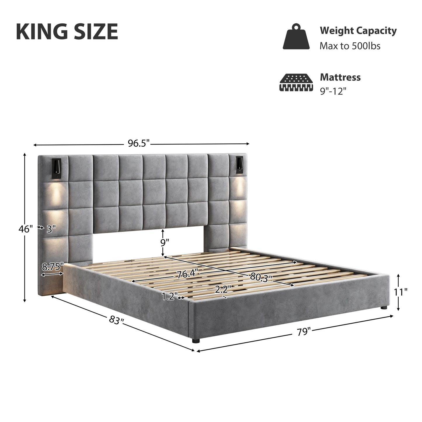 King size gray upholstered bed frame with tufted headboard and builtin lamps