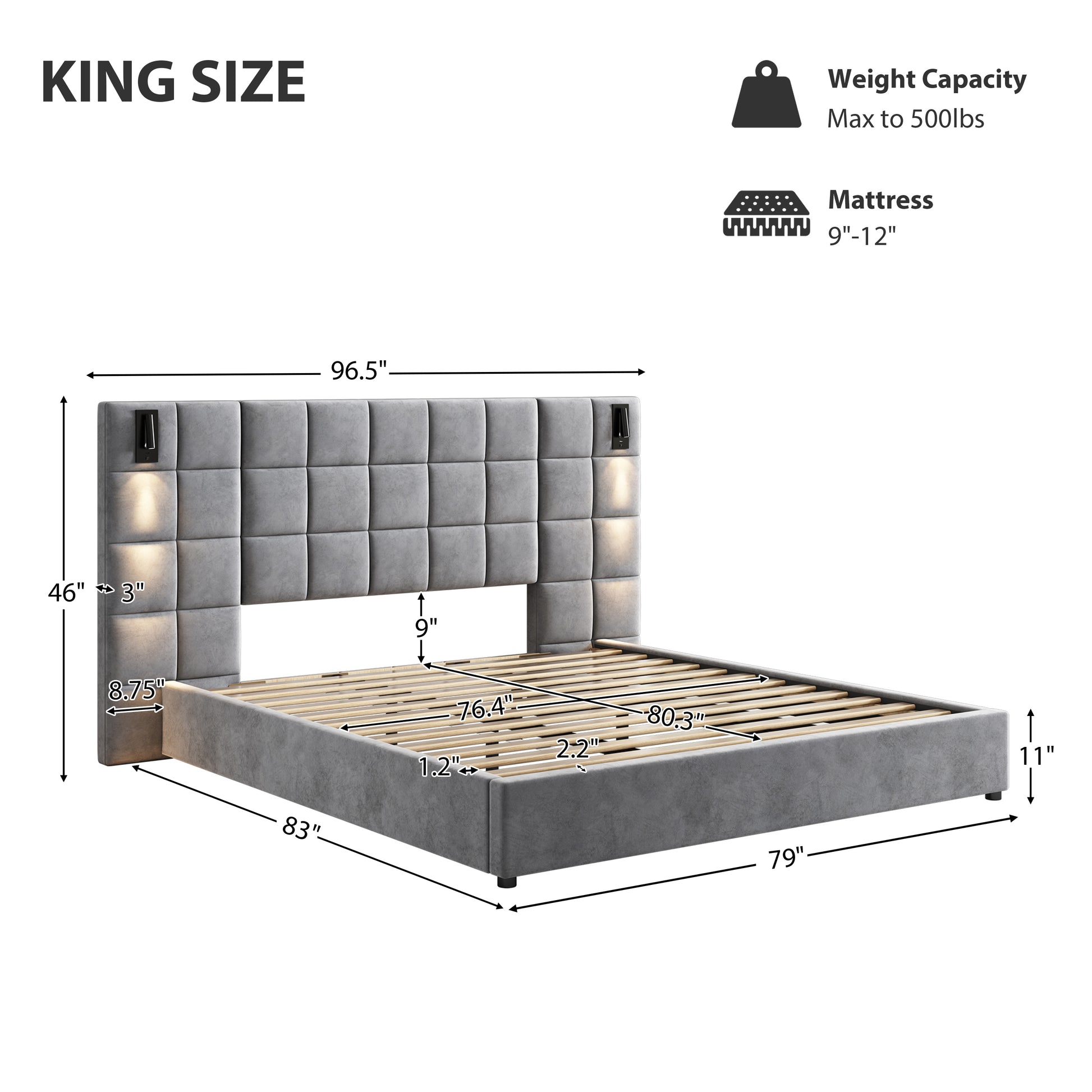 King size gray upholstered bed frame with tufted headboard and builtin lamps