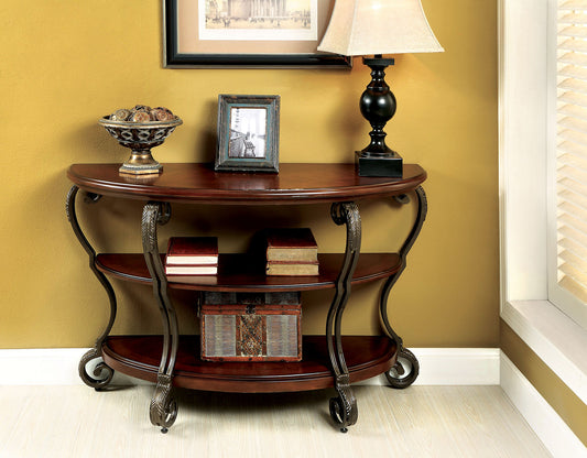 TREATLIFE HOME Traditional Style Brown Cherry Sofa Table with Open Bottom Shelf and Ornate Design, 54 Inches Long