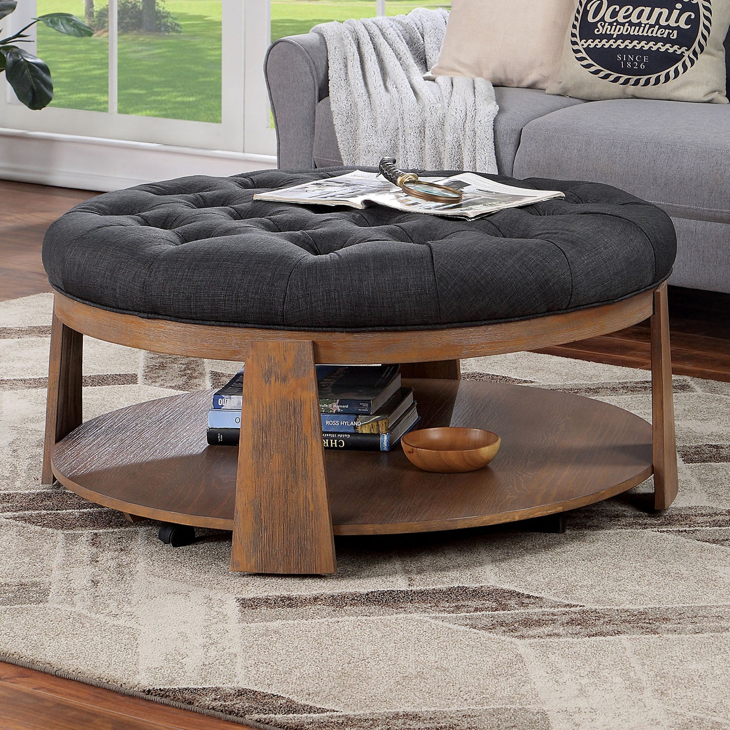 TREATLIFE HOME Round Ottoman with Deep Button Tufting, Wire-Brushed Finish for Living Room, Dark Gray Fabric, Open Bottom Shelf