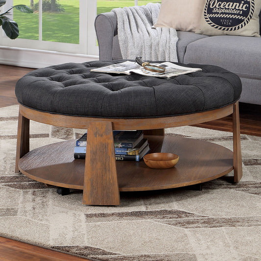 TREATLIFE HOME Round Ottoman with Deep Button Tufting, Wire-Brushed Finish for Living Room, Dark Gray Fabric, Open Bottom Shelf