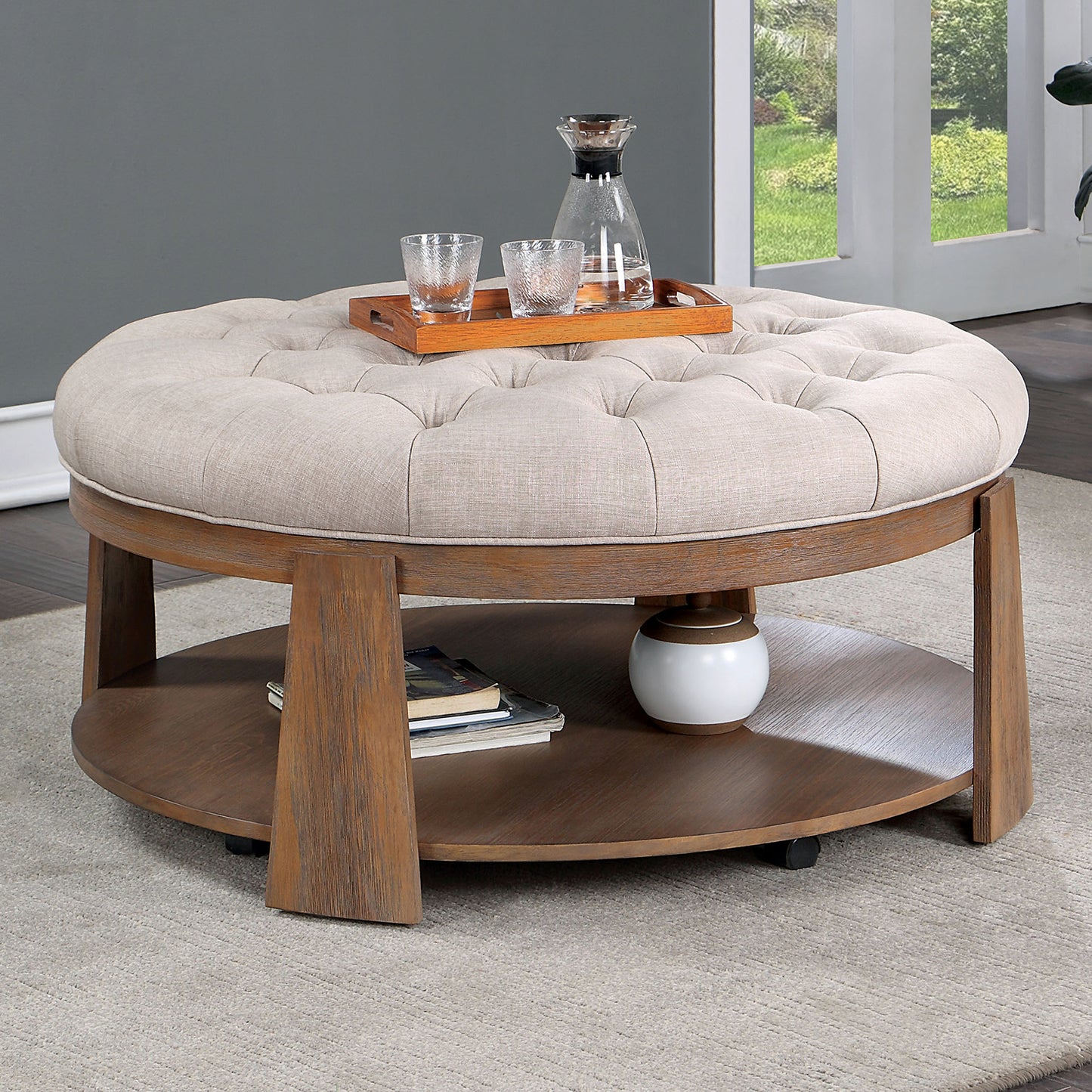 TREATLIFE HOME Round Ottoman with Wire-Brushed Finish, Deep Button Tufting, Open Bottom Shelf, Natural Tone/Beige Upholstery, Stylish for Living Room