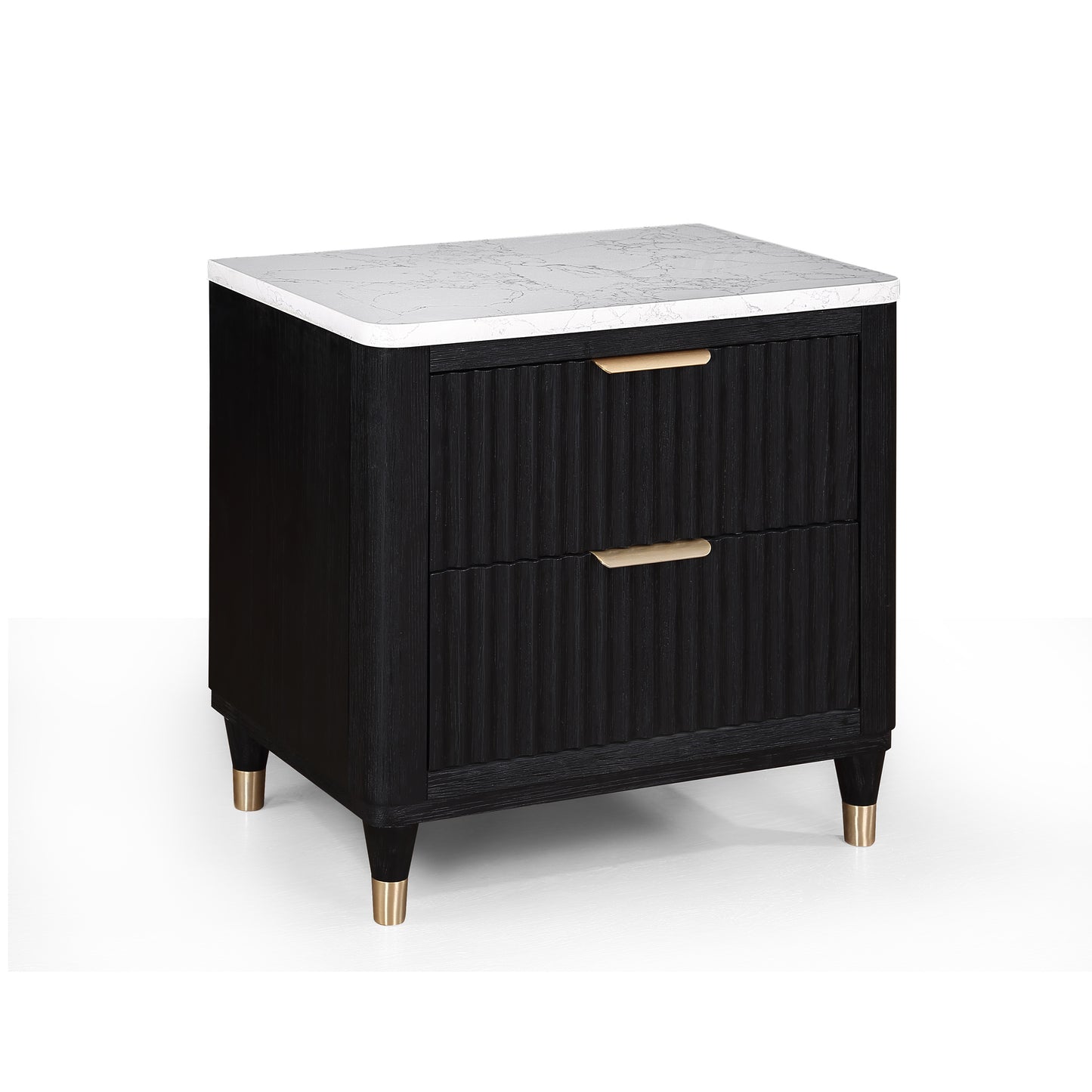 Black fluted nightstand with marble top and brass legs