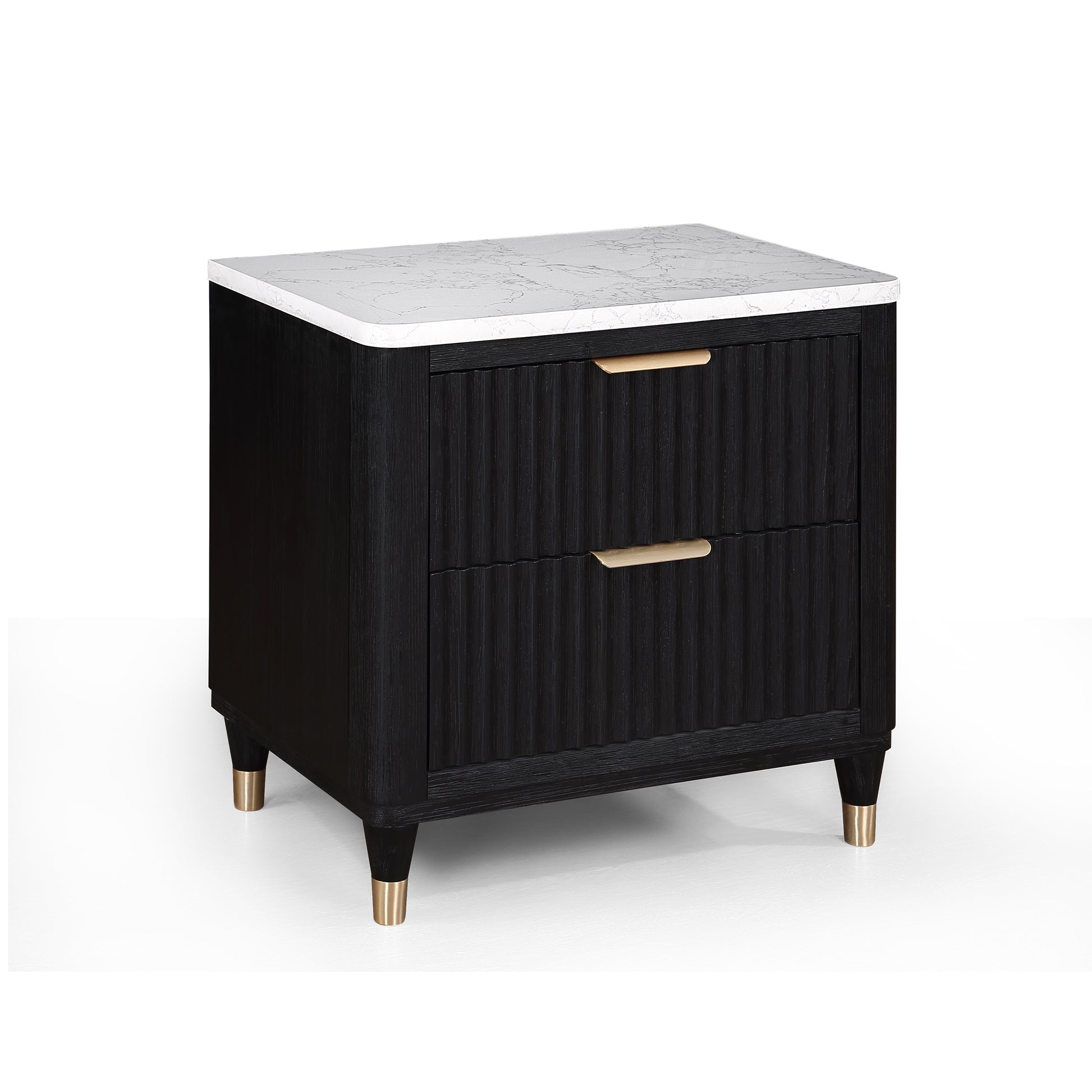 Black fluted nightstand with marble top and brass legs