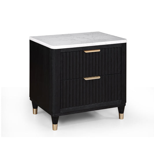Black fluted nightstand with marble top and brass legs