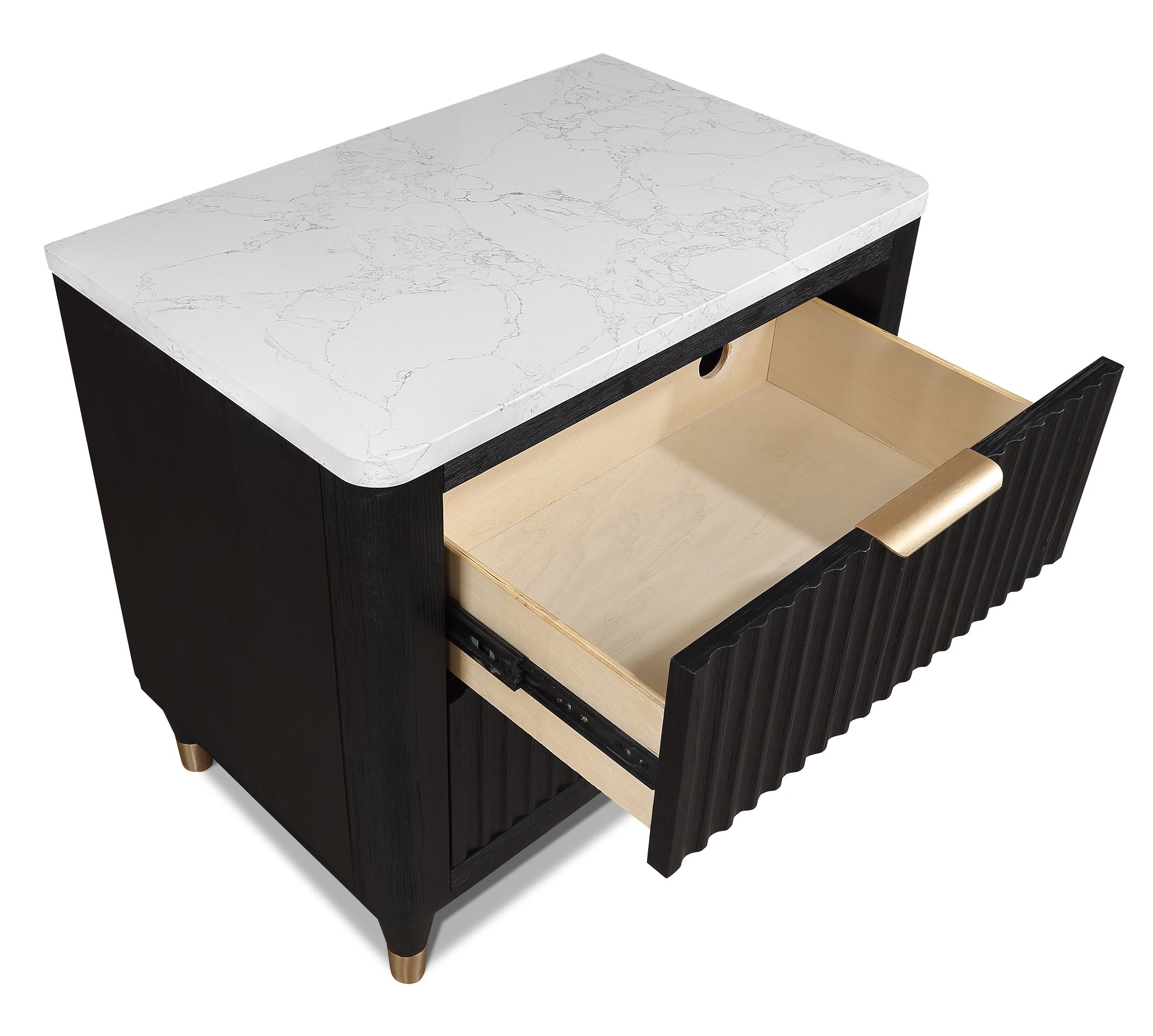 Black nightstand with white marble top and open drawer