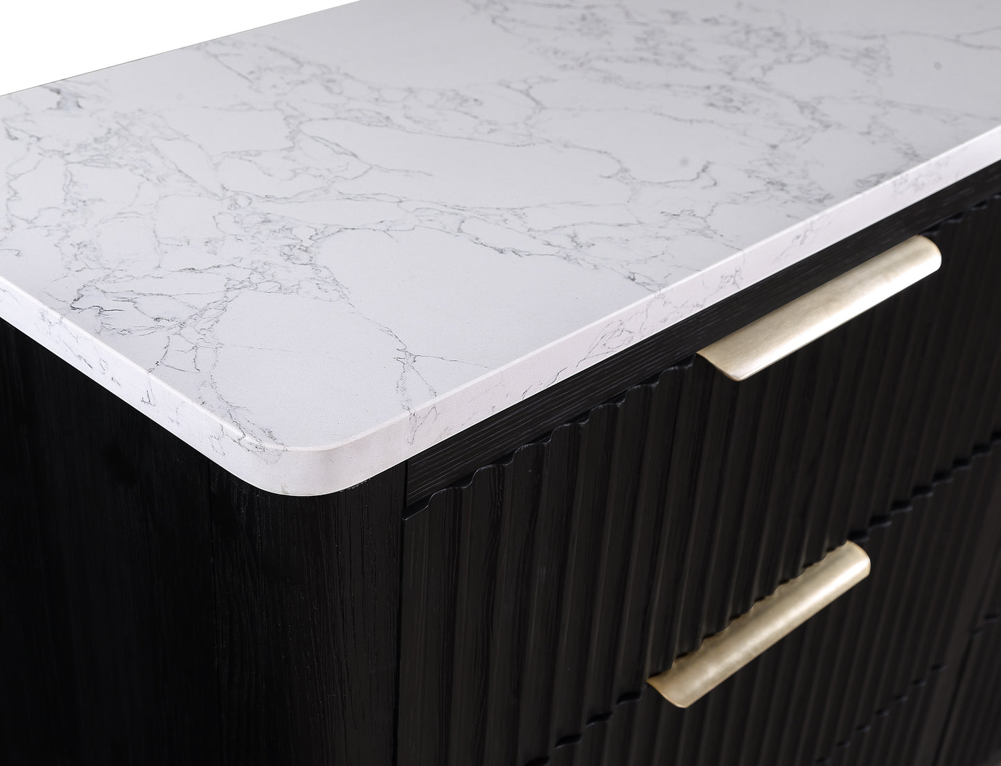 Black fluted dresser with quartz marble countertop and brushed brass hardware