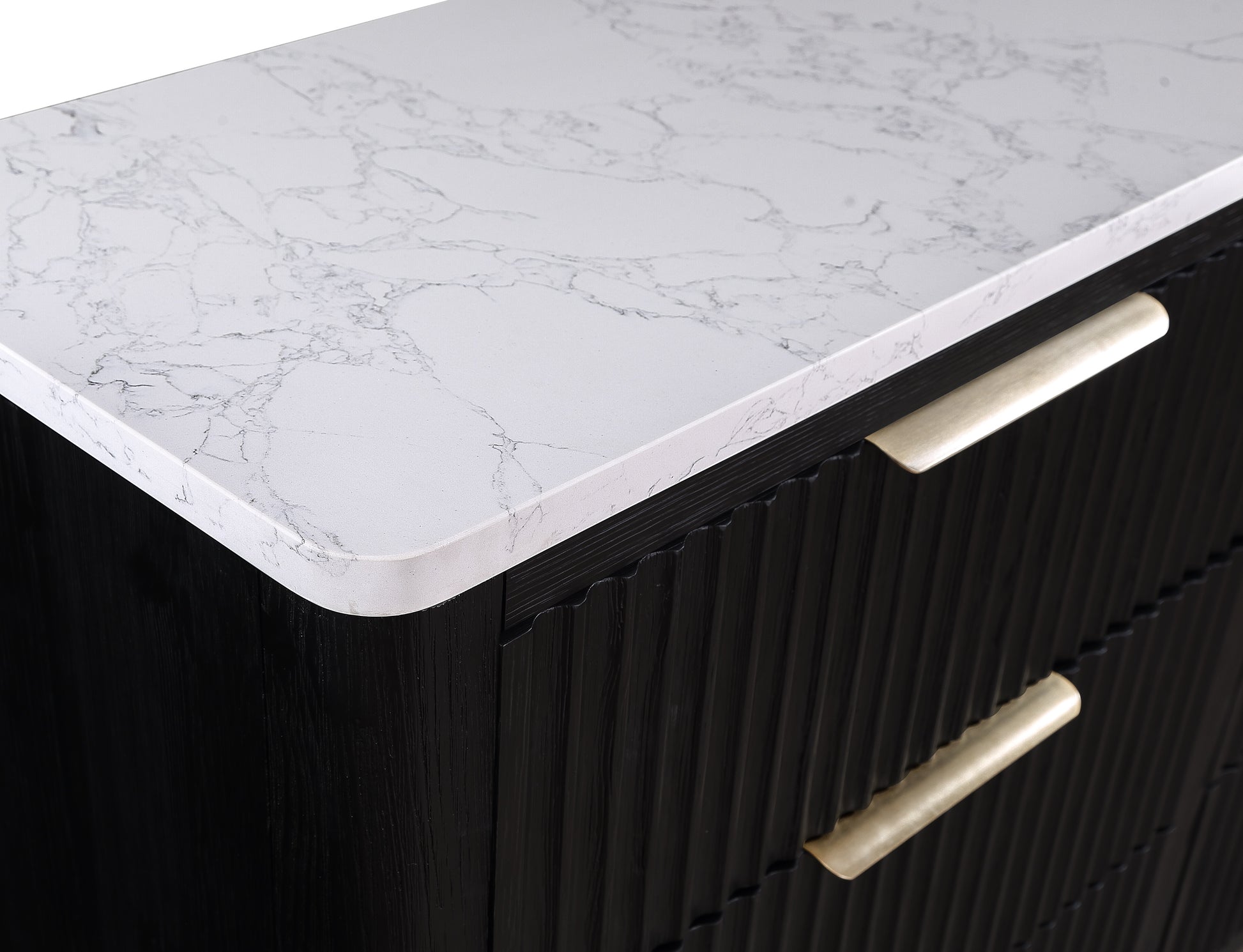 Black fluted dresser with quartz marble countertop and brushed brass hardware