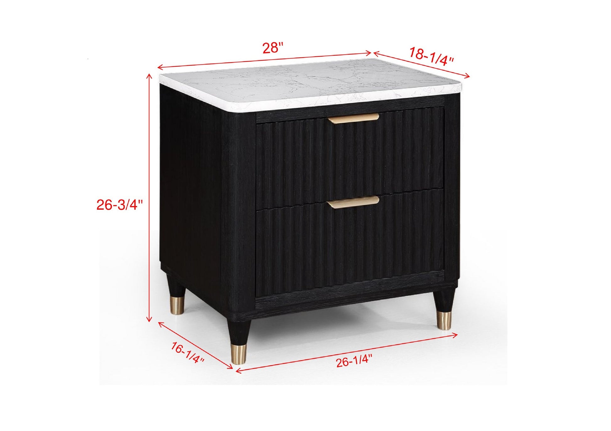 Black fluted bedside table with marble top and brass hardware