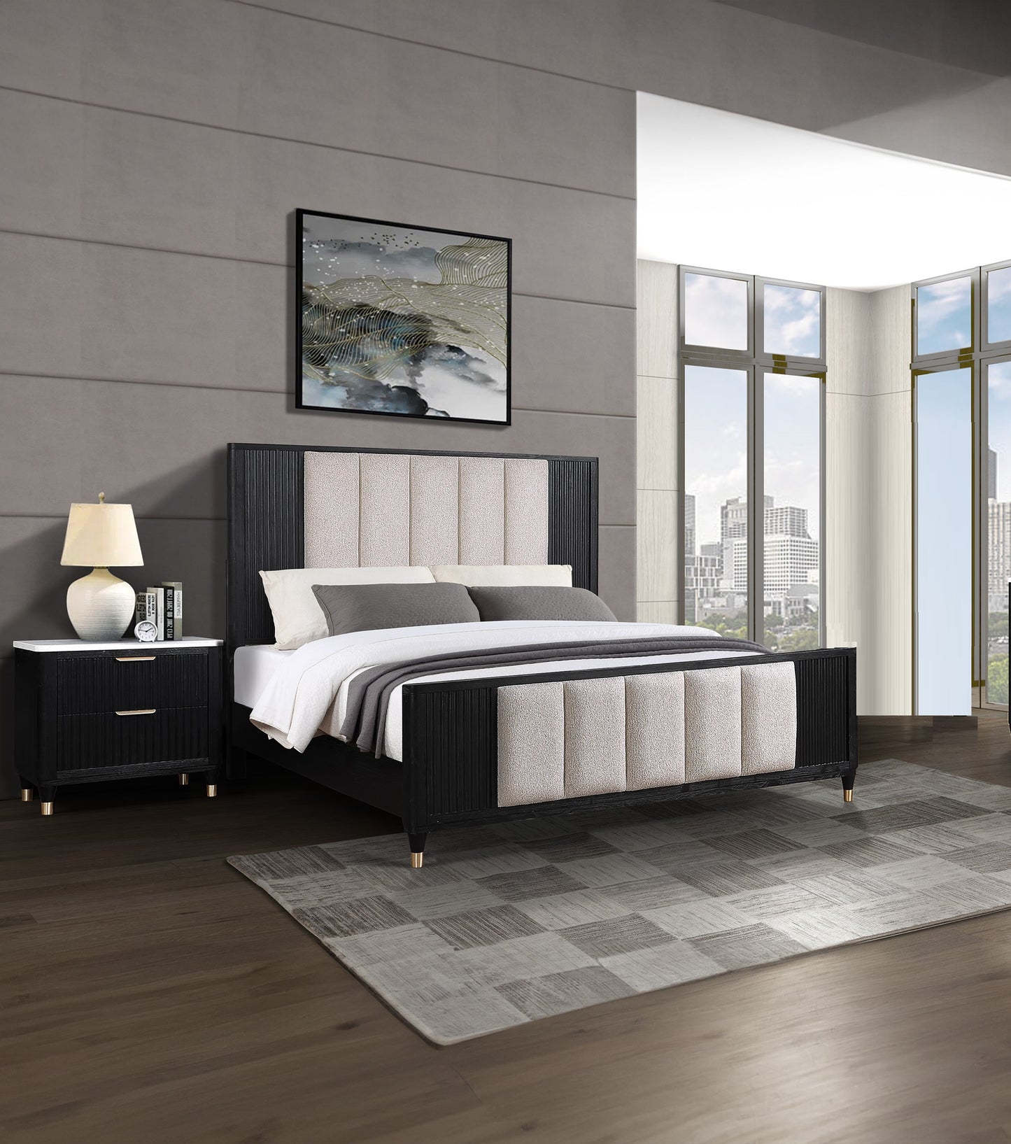 Black wood king bed with upholstered headboard and gold accents