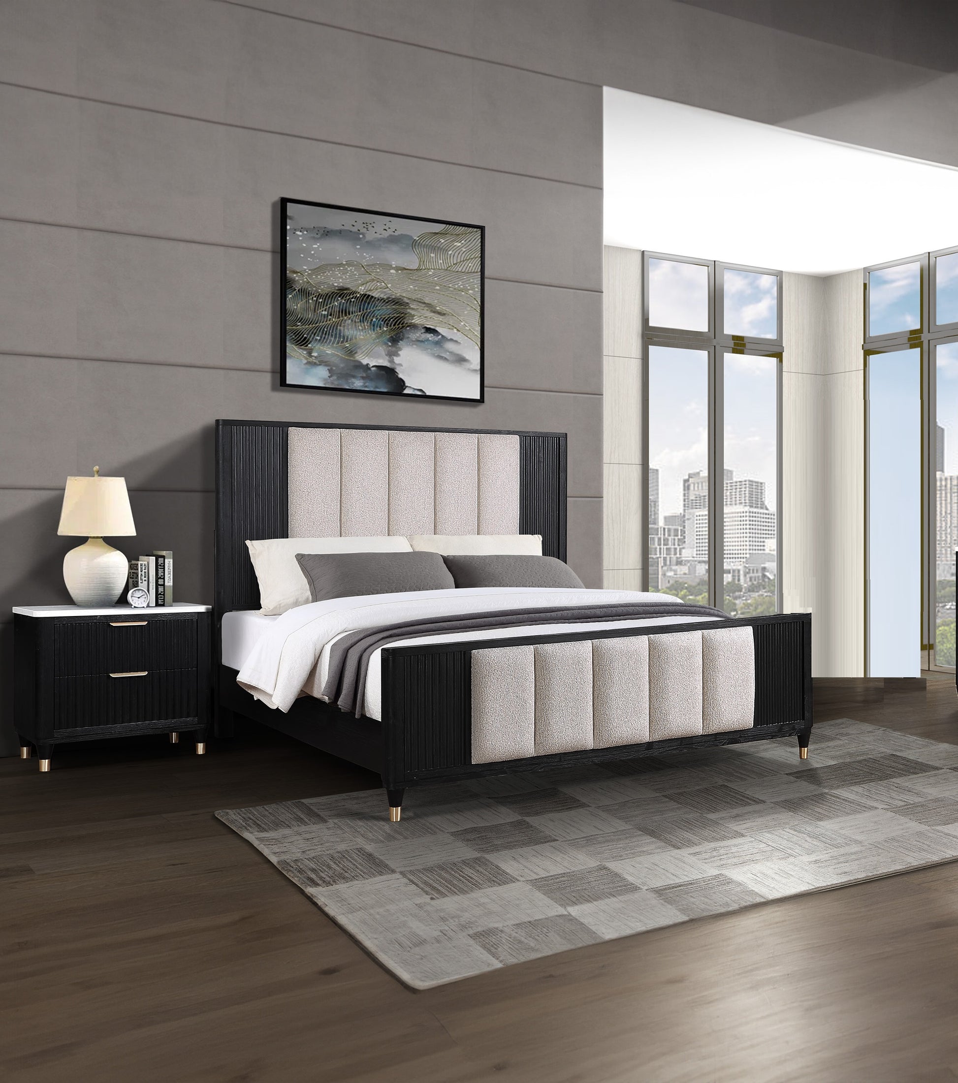 Black wood king bed with upholstered headboard and gold accents