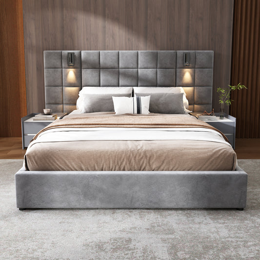 Modern grey upholstered queen bed with tufted headboard and plush bedding
