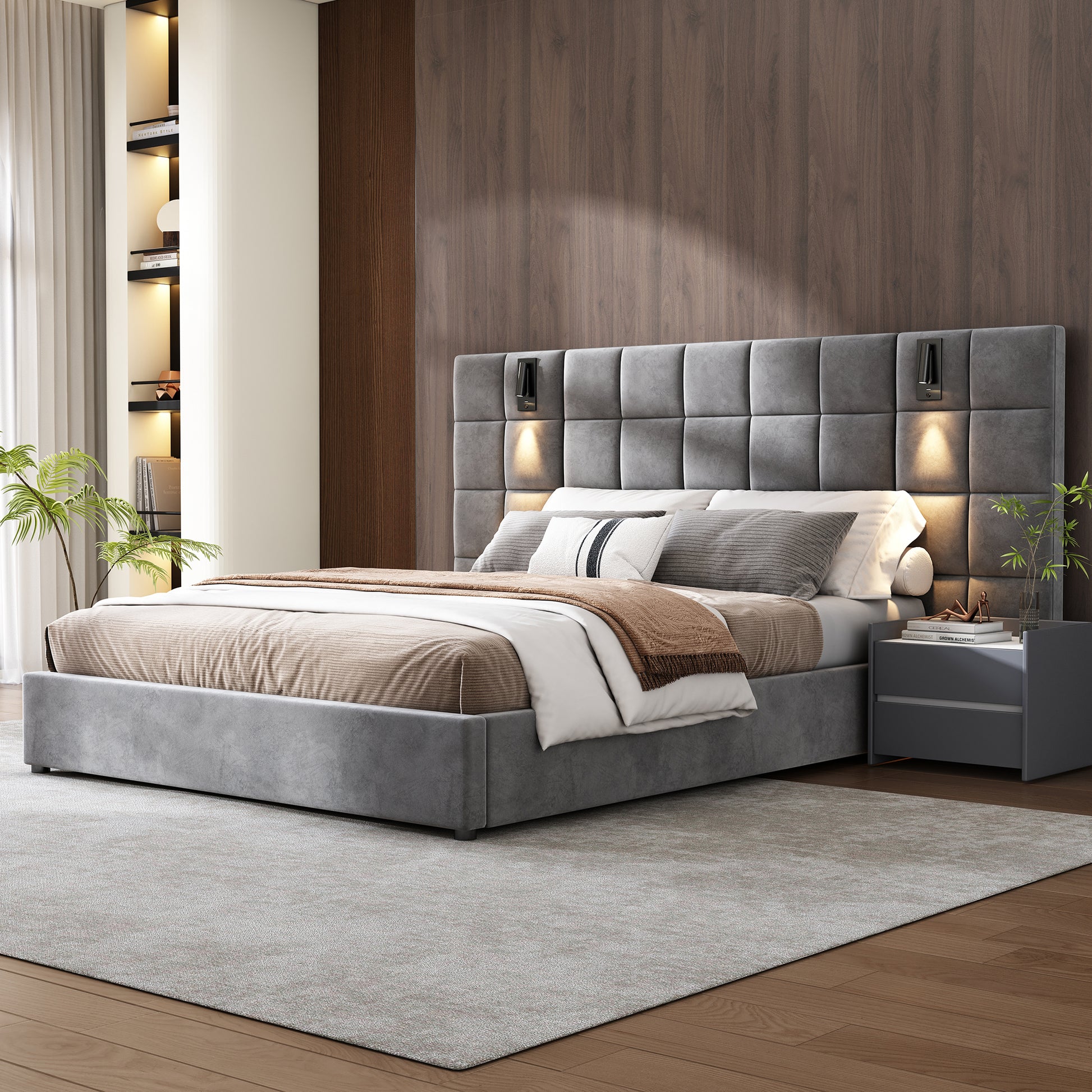 Modern grey velvet upholstered bed with tufted headboard and integrated bedside tables