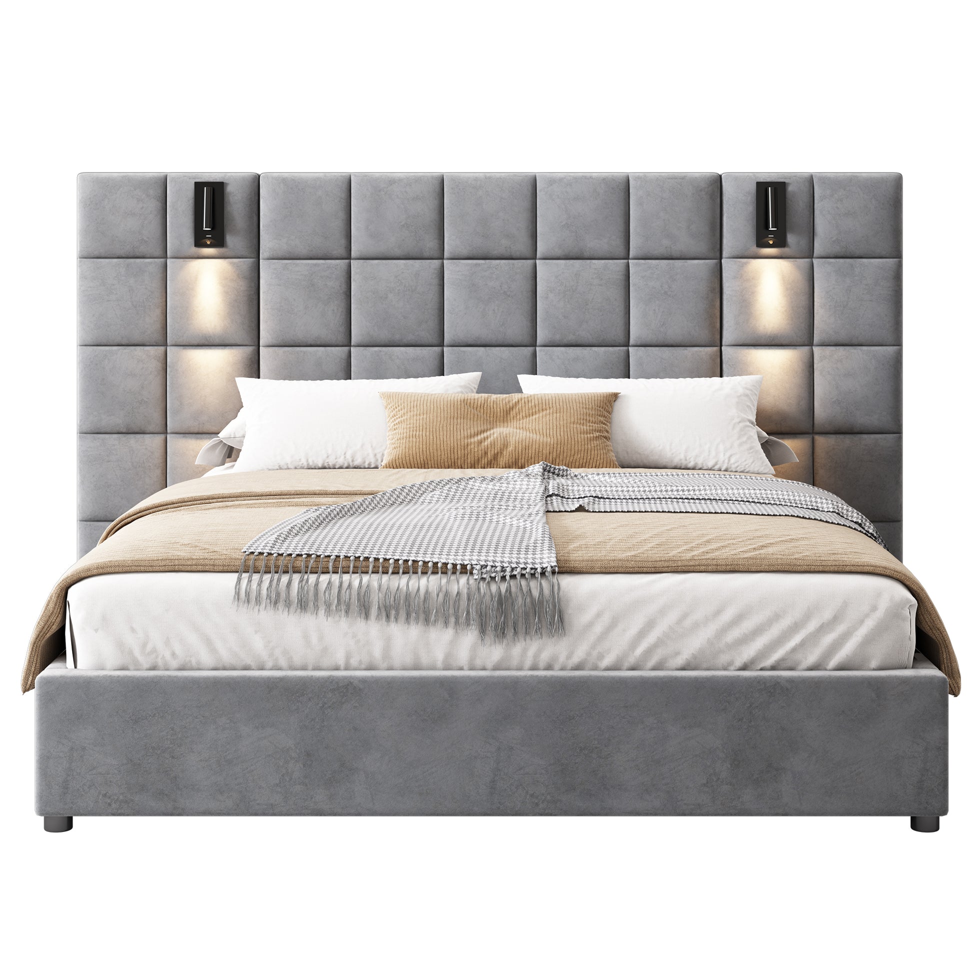 Modern upholstered grey bed frame with integrated wall lights and plush bedding