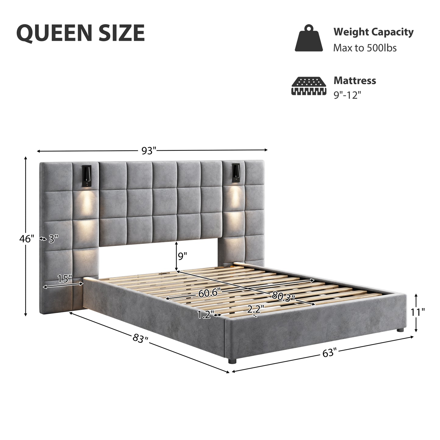 Grey upholstered queen bed frame with tufted headboard and integrated sconces