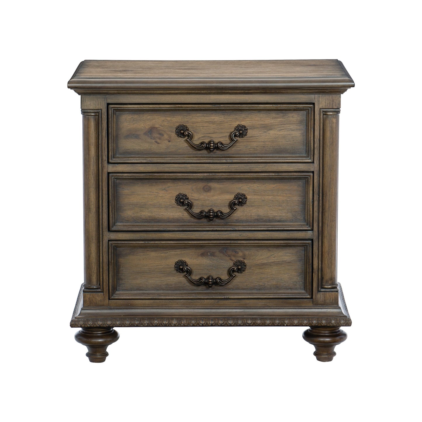 Antique brown wooden nightstand with three ornate drawers and carved legs