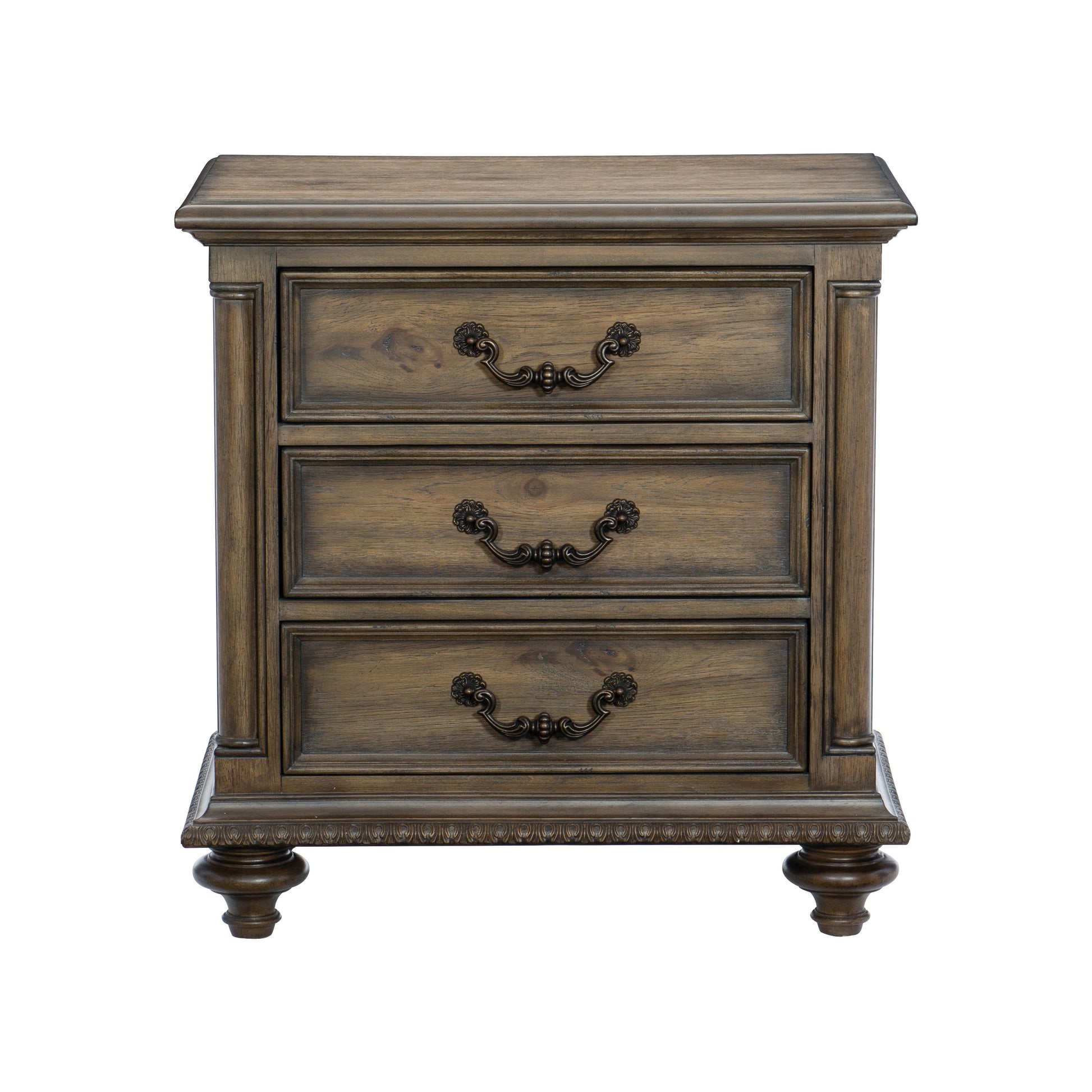 Antique brown wooden nightstand with three ornate drawers and carved legs