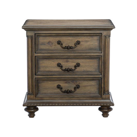 Antique brown wooden nightstand with three ornate drawers and carved legs