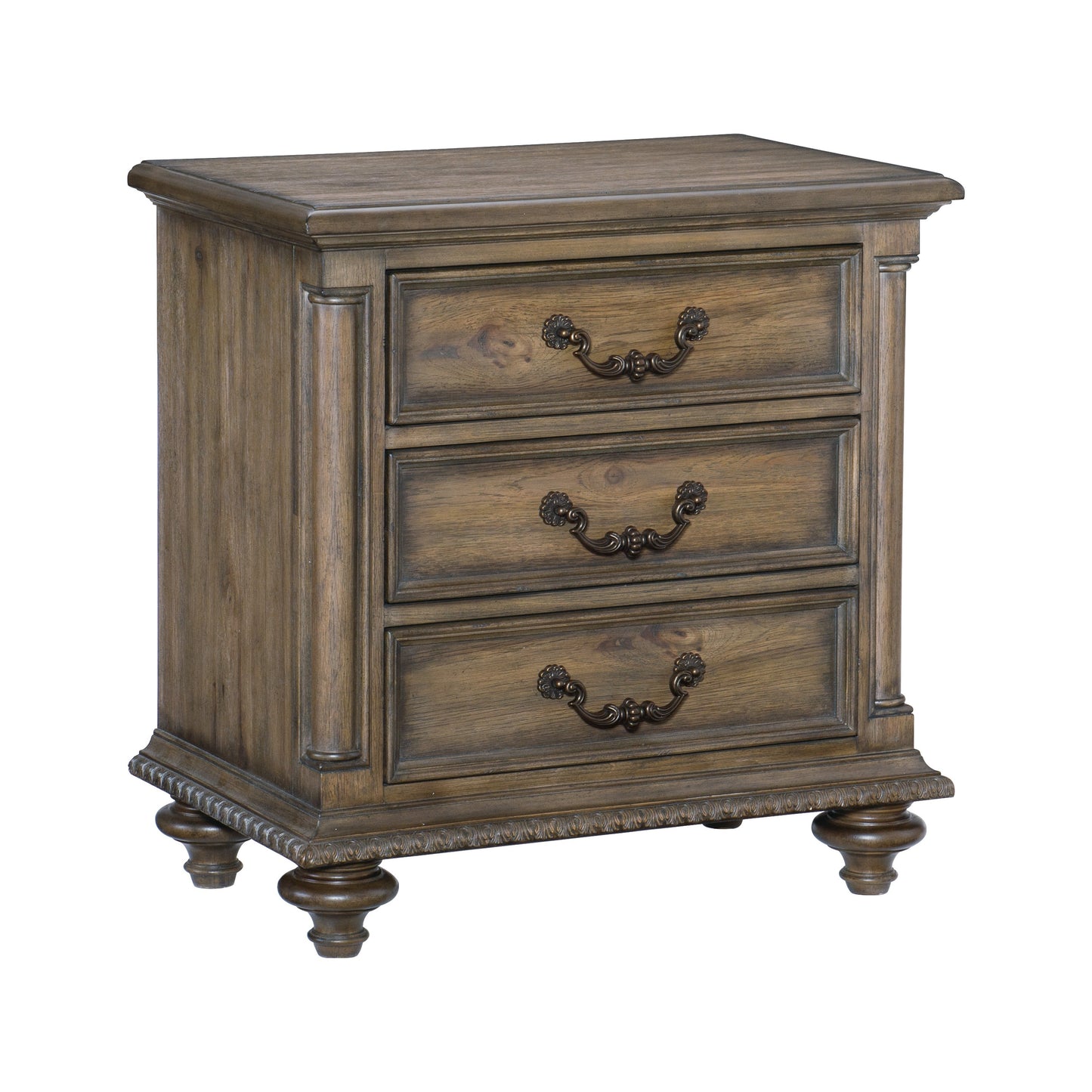 Antique brown wood nightstand with three drawers and ornate bronze pulls