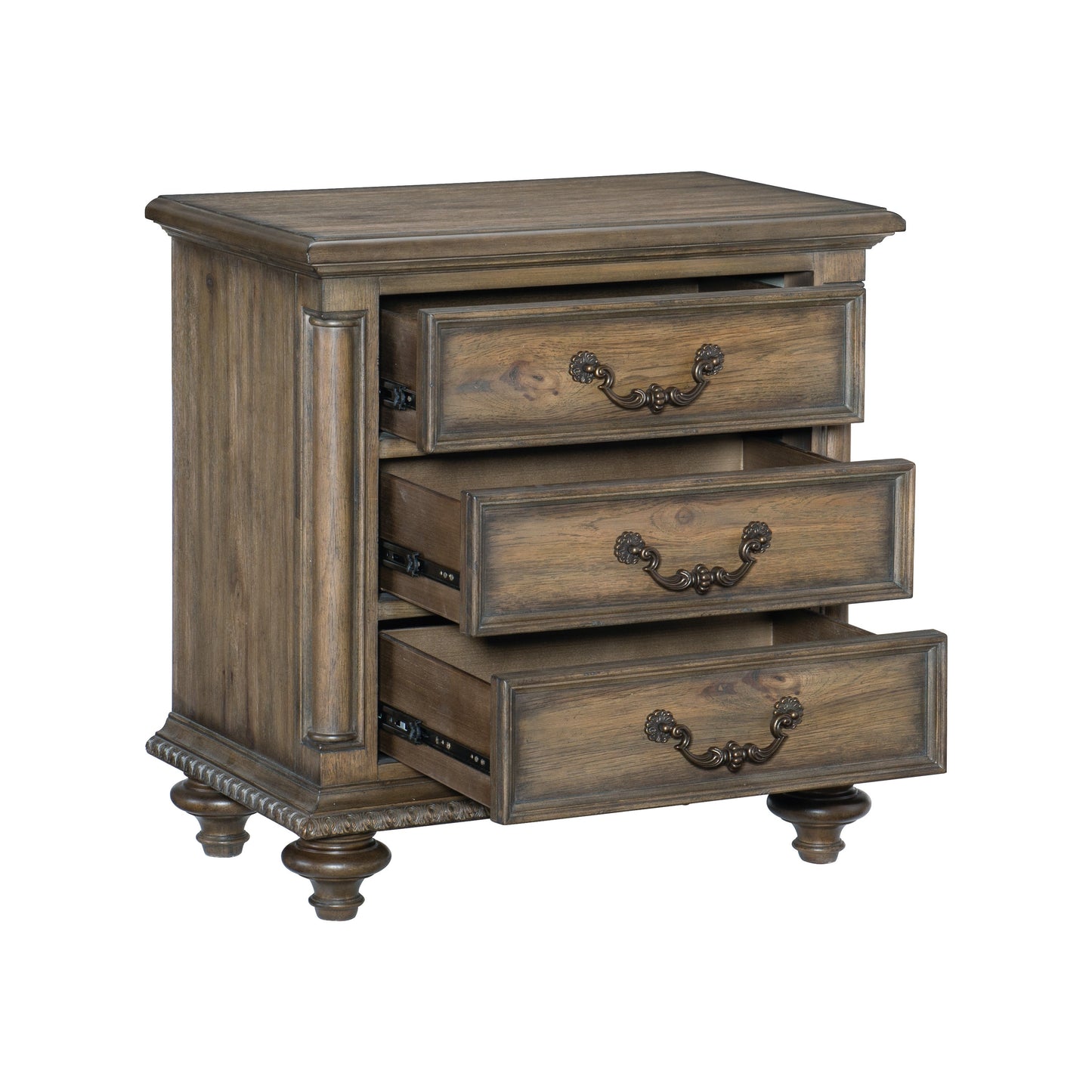 Antique brown wood threedrawer nightstand with ornate brass hardware