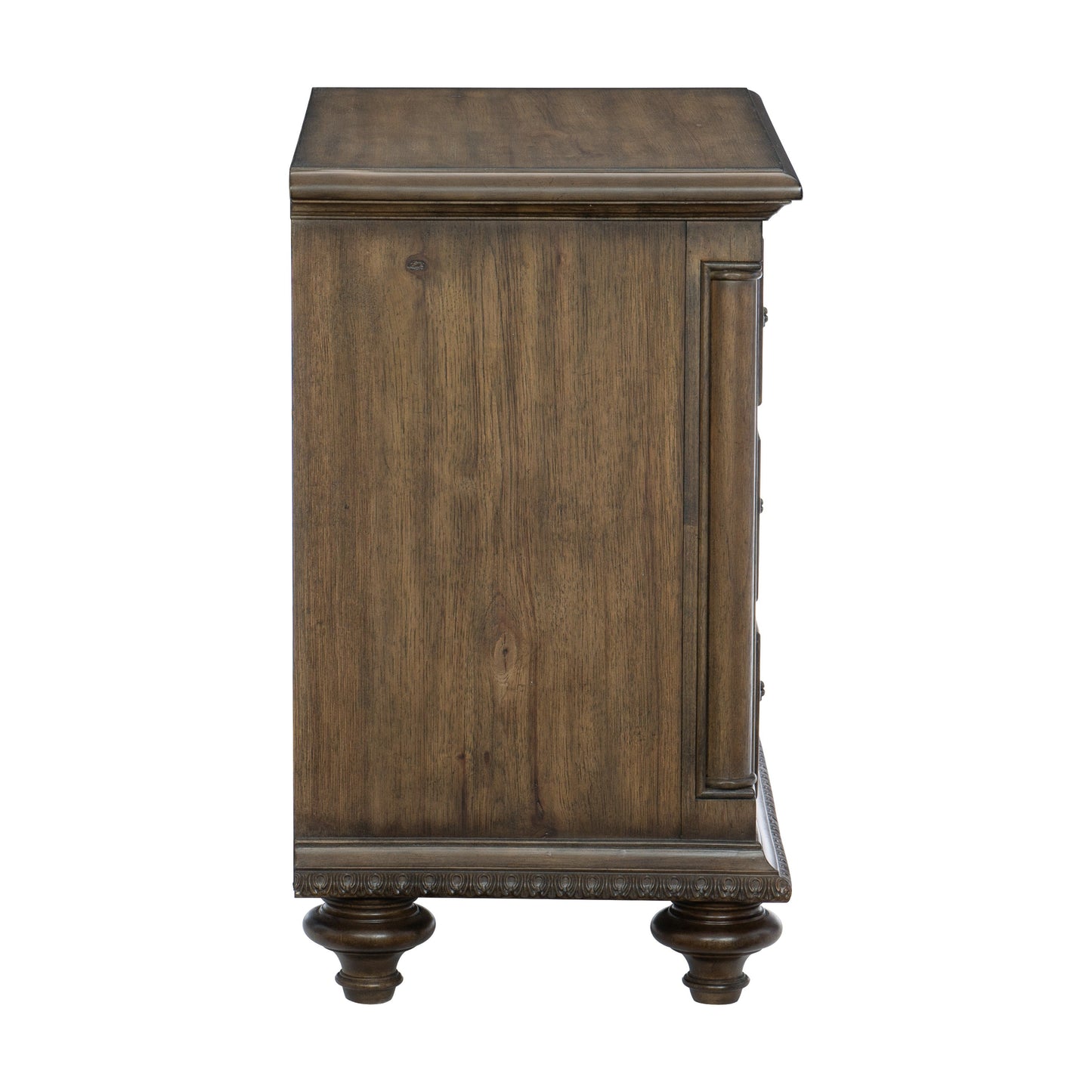 Antique brown wood nightstand with carved details and turned legs