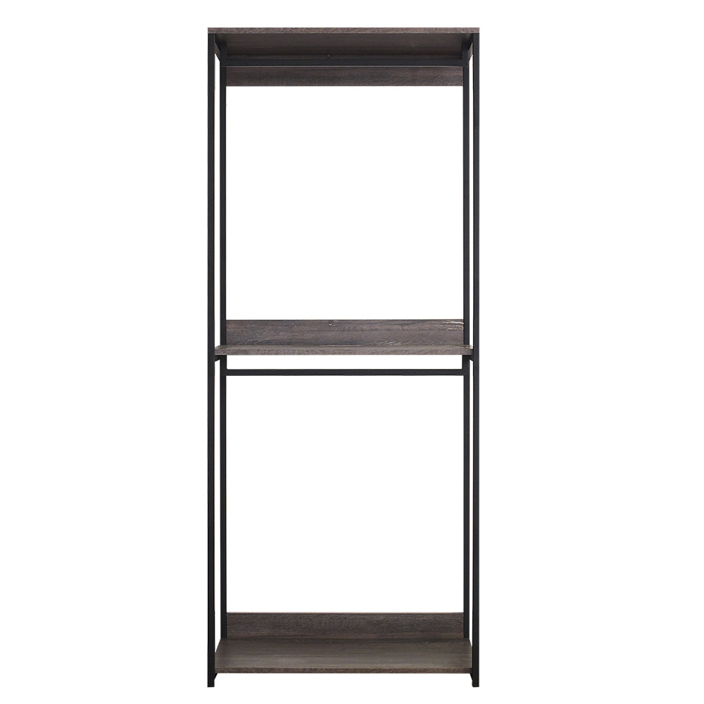 Modern industrial garment rack with dark wood shelves and black metal frame