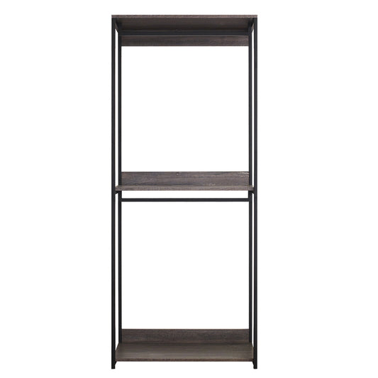 Modern industrial garment rack with dark wood shelves and black metal frame