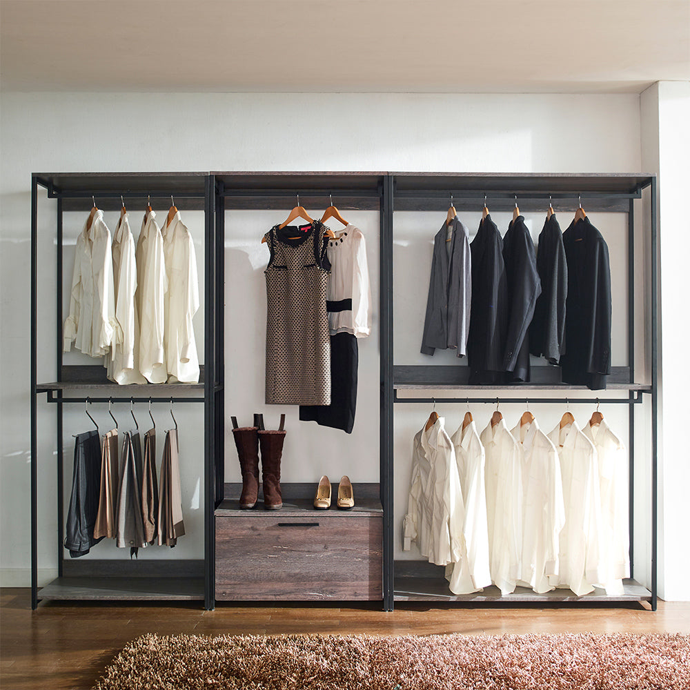 Modern open wardrobe with hanging white shirts